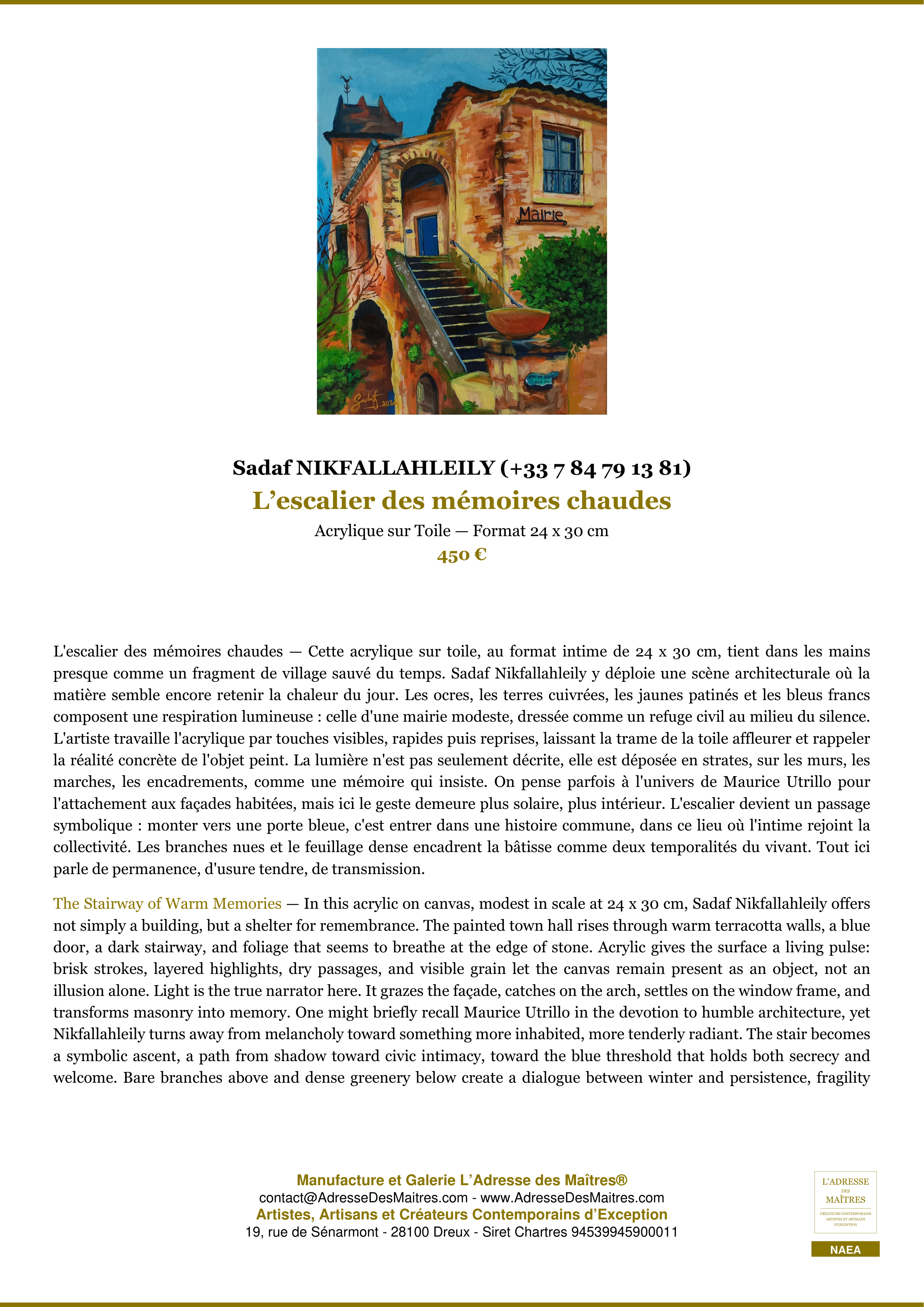 Fiche Premium — L’escalier des mémoires chaudes — Sadaf NIKFALLAHLEILY (+33 7 84 79 13 81) — L'Adresse des Maîtres®