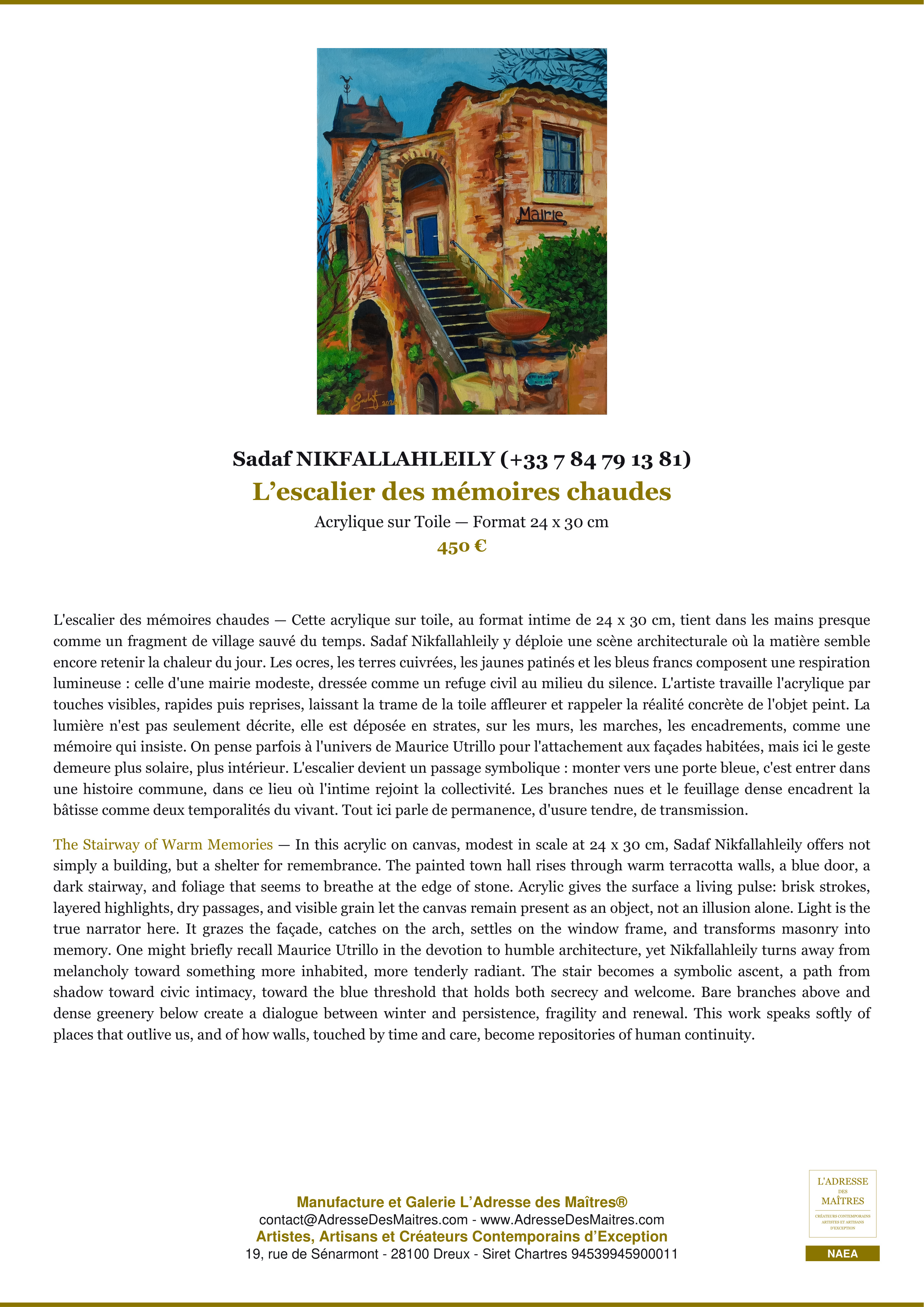 Fiche Premium — L’escalier des mémoires chaudes — Sadaf NIKFALLAHLEILY (+33 7 84 79 13 81) — L'Adresse des Maîtres®