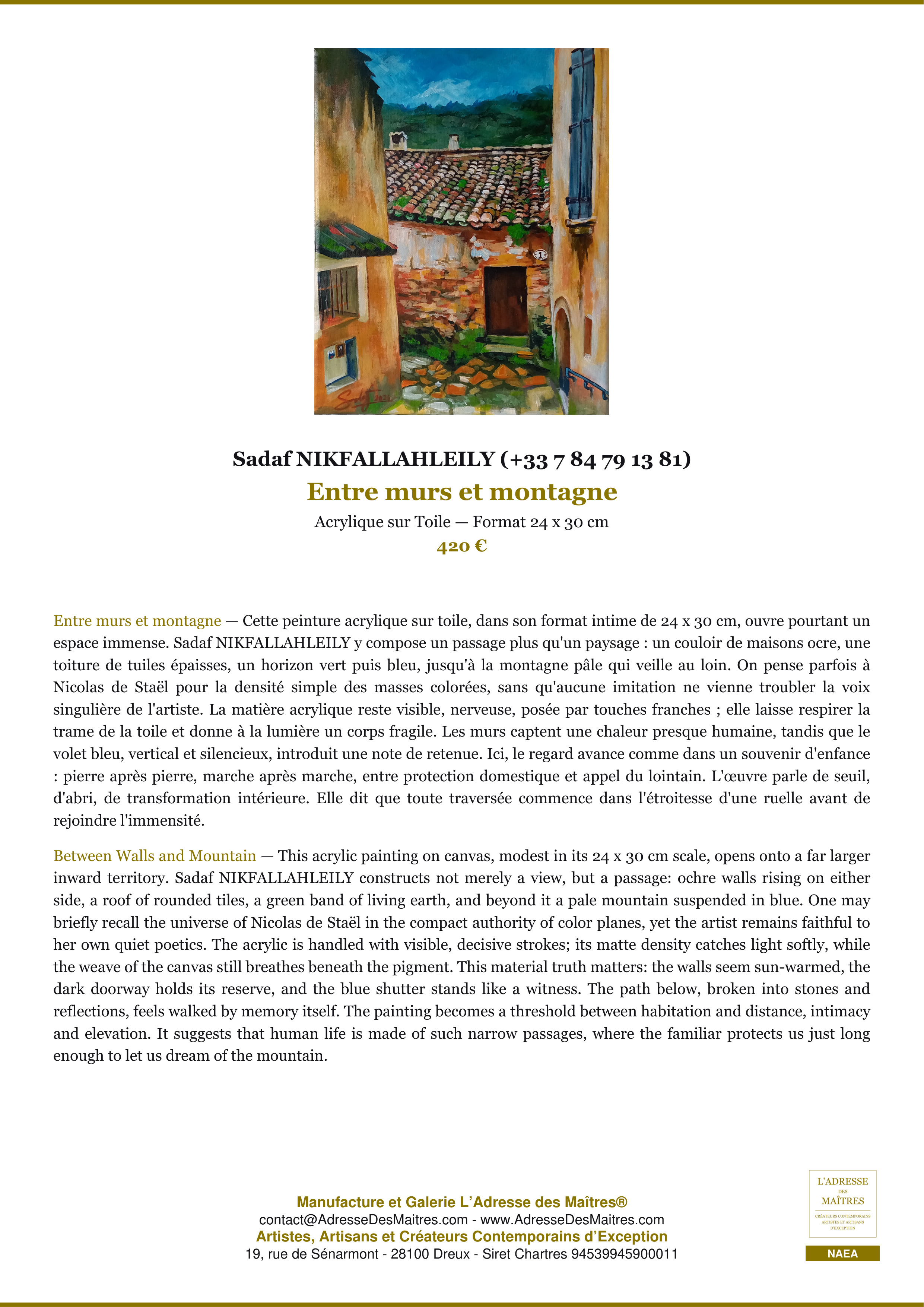 Fiche Premium — Entre murs et montagne — Sadaf NIKFALLAHLEILY (+33 7 84 79 13 81) — L'Adresse des Maîtres®