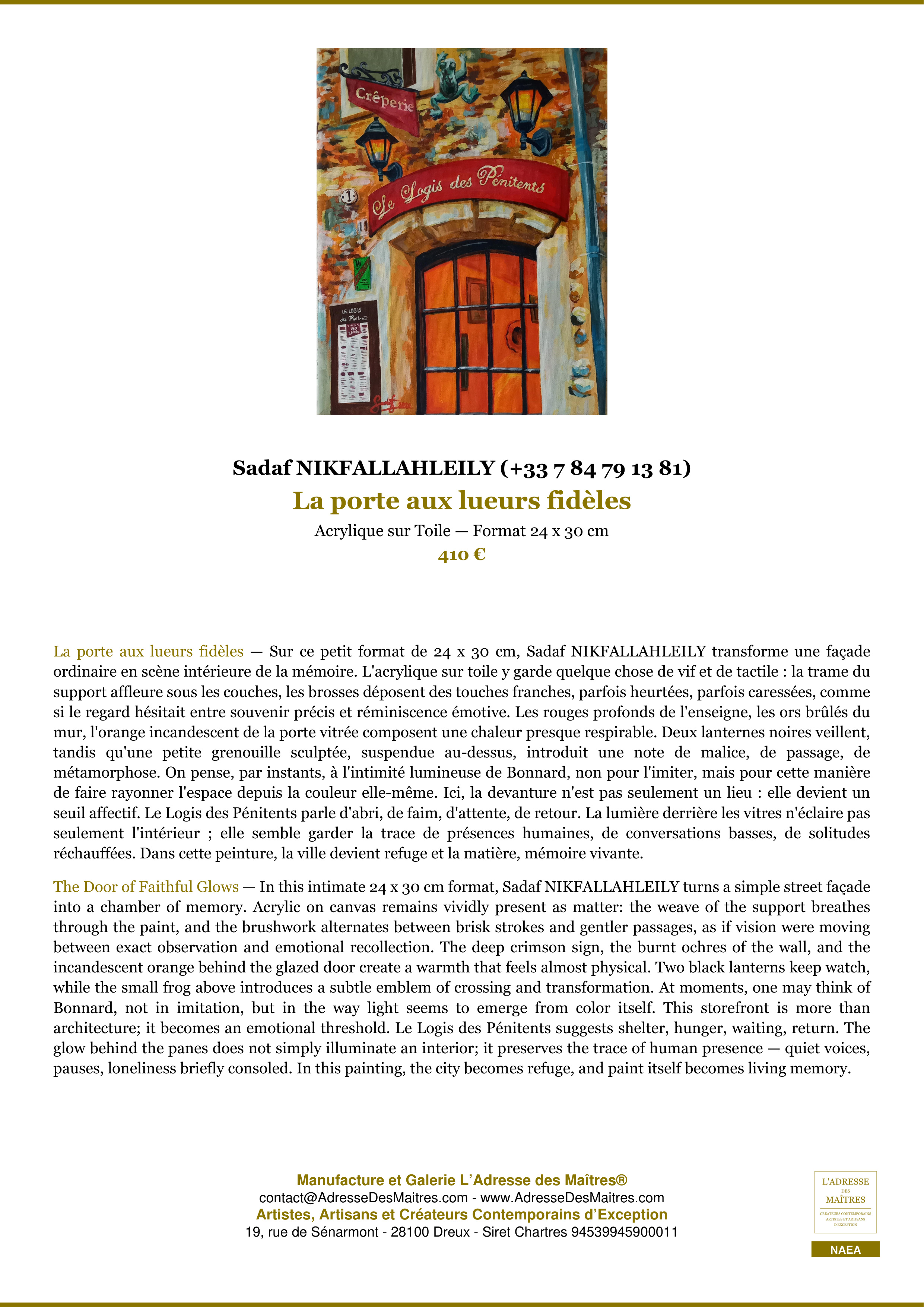 Fiche Premium — La porte aux lueurs fidèles — Sadaf NIKFALLAHLEILY (+33 7 84 79 13 81) — L'Adresse des Maîtres®