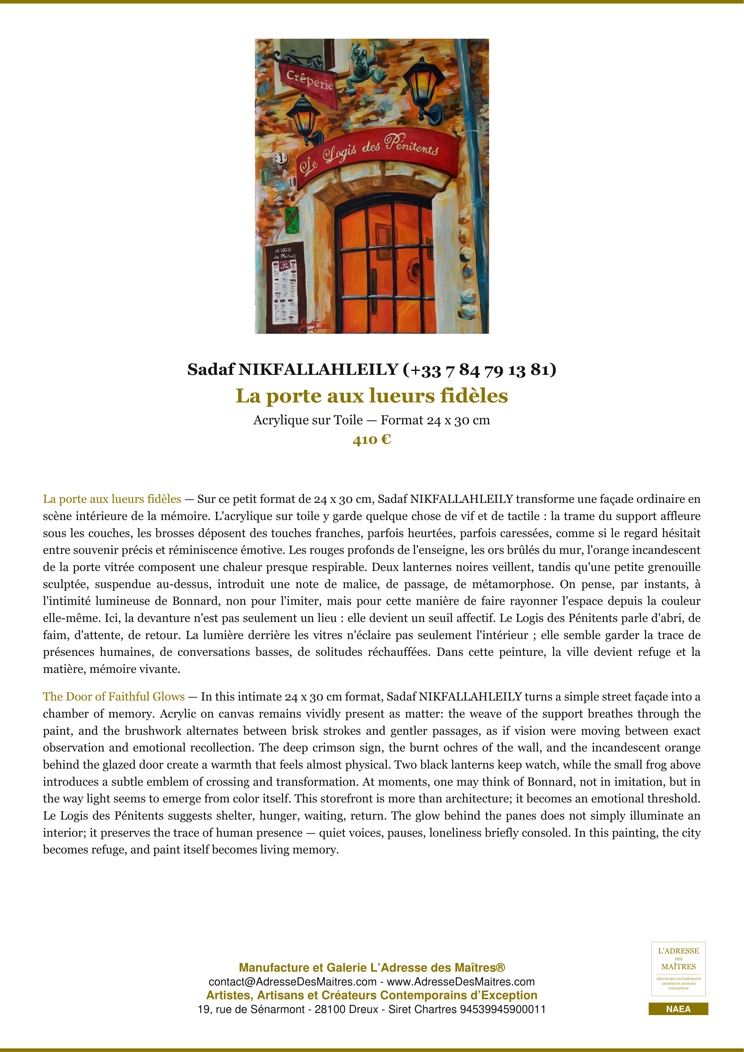 Fiche Premium — La porte aux lueurs fidèles — Sadaf NIKFALLAHLEILY (+33 7 84 79 13 81) — L'Adresse des Maîtres®