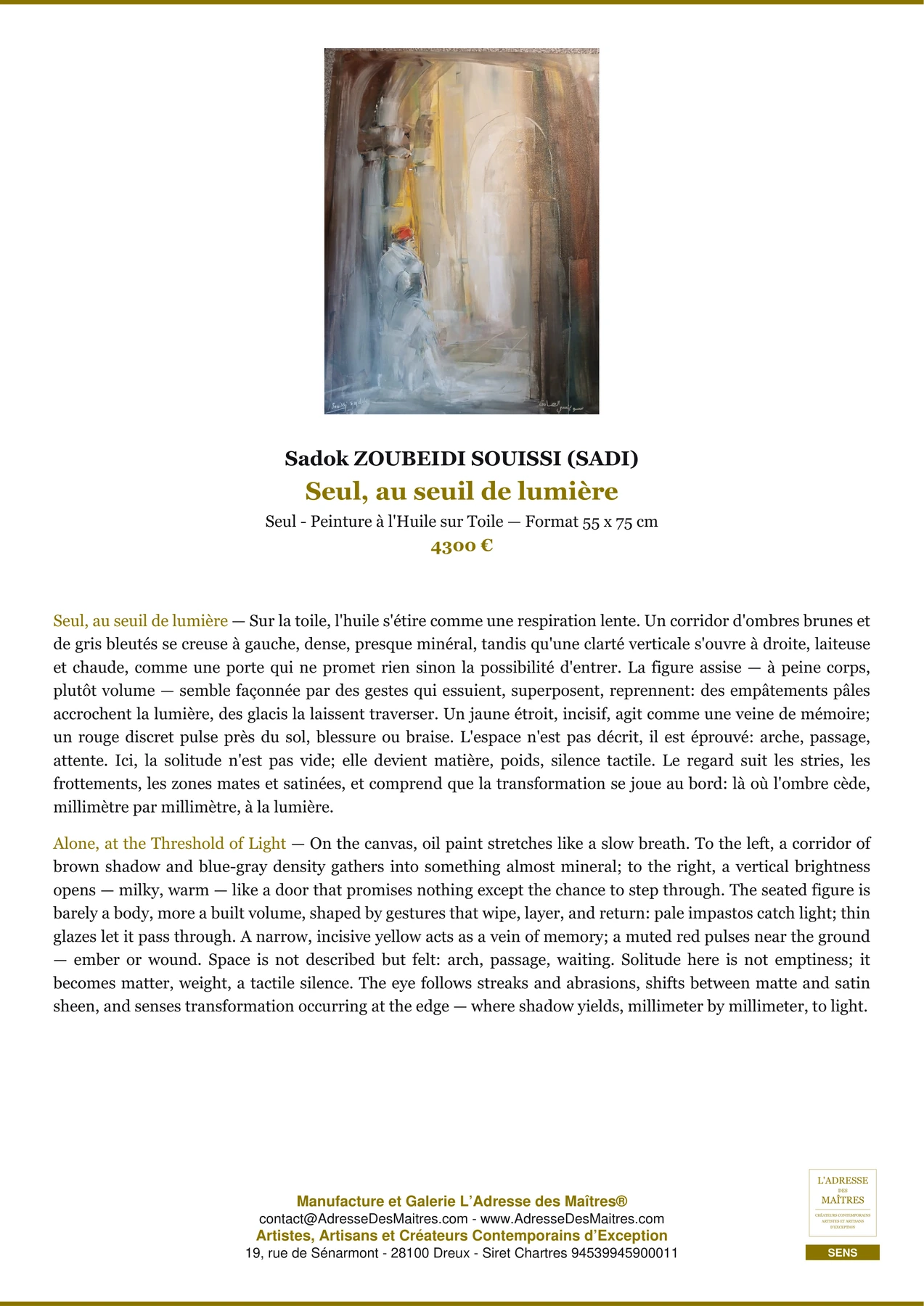 Fiche Premium - Seul, au seuil de lumière - Sadok ZOUBEIDI SOUISSI (SADI) - L'Adresse des Maîtres®