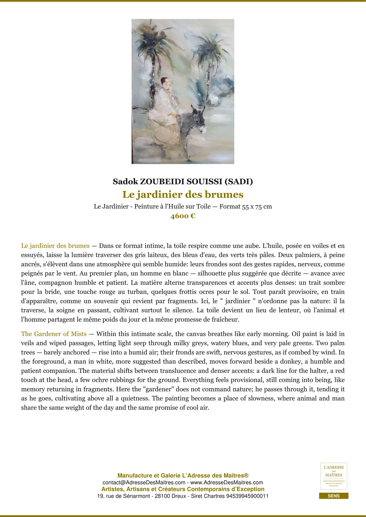 Fiche Premium - Le jardinier des brumes - Sadok ZOUBEIDI SOUISSI (SADI) - L'Adresse des Maîtres®