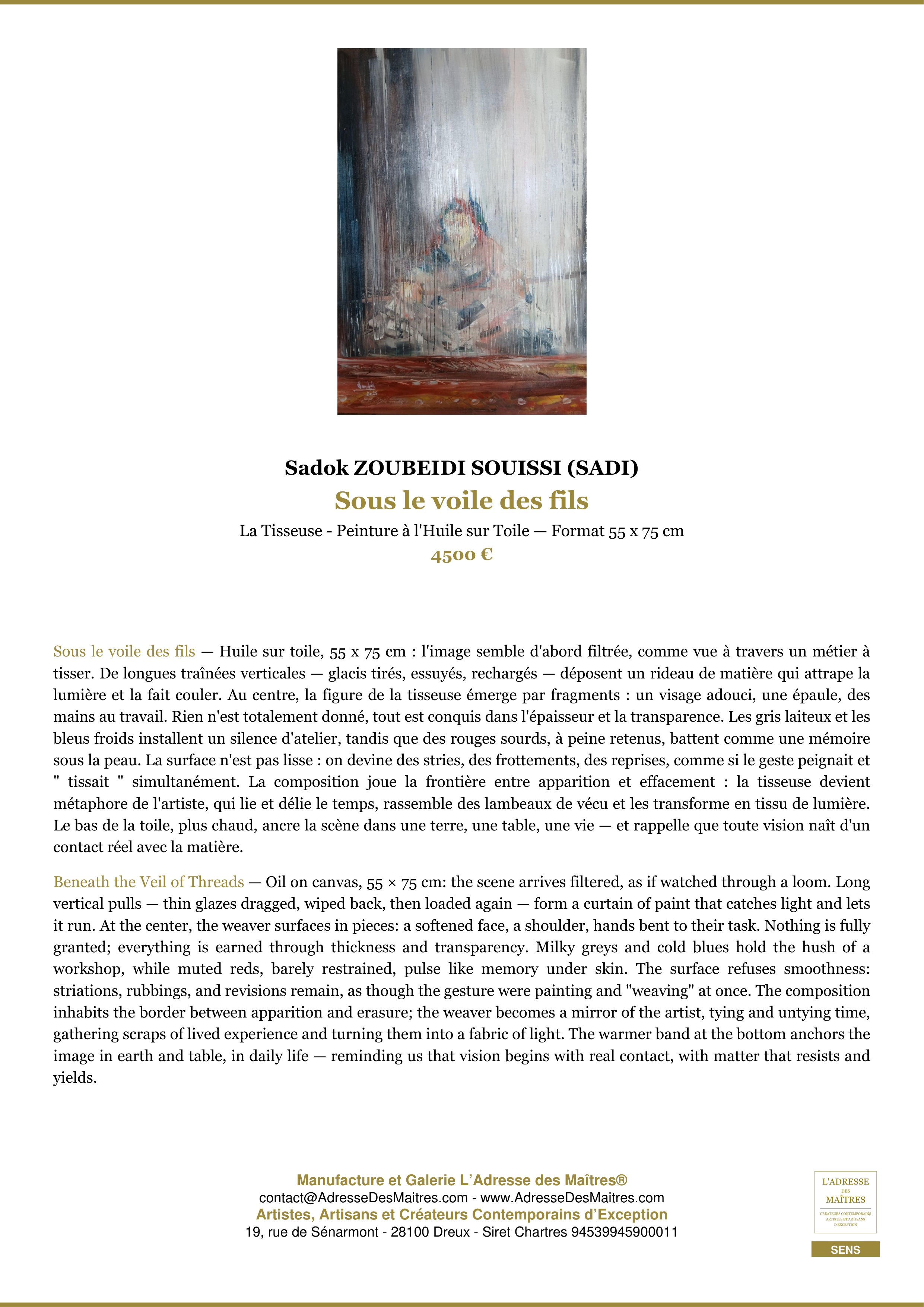 Fiche Premium — Sous le voile des fils — Sadok ZOUBEIDI SOUISSI (SADI) — L'Adresse des Maîtres®