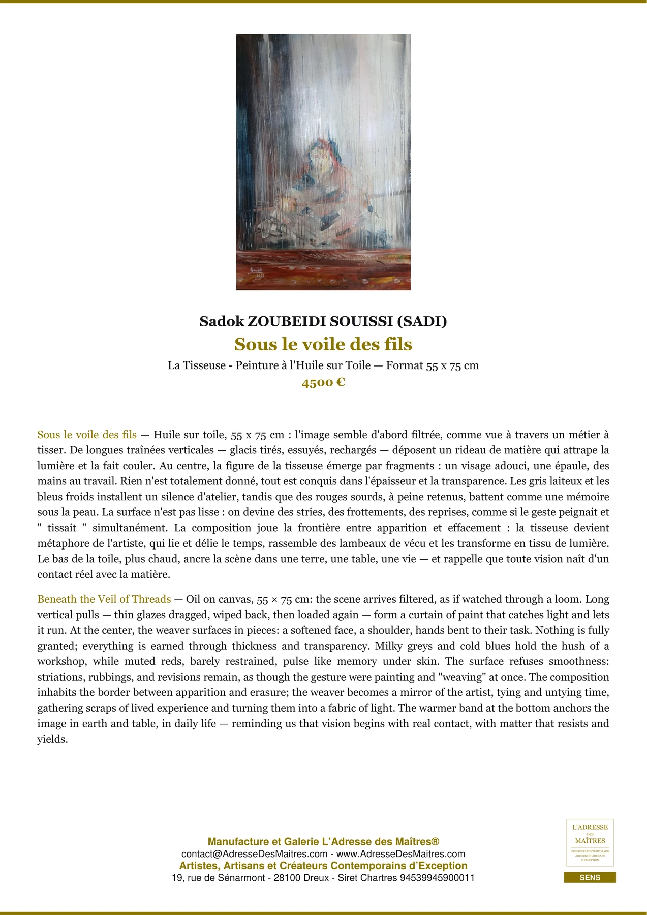 Fiche Premium - Sous le voile des fils - Sadok ZOUBEIDI SOUISSI (SADI) - L'Adresse des Maîtres®