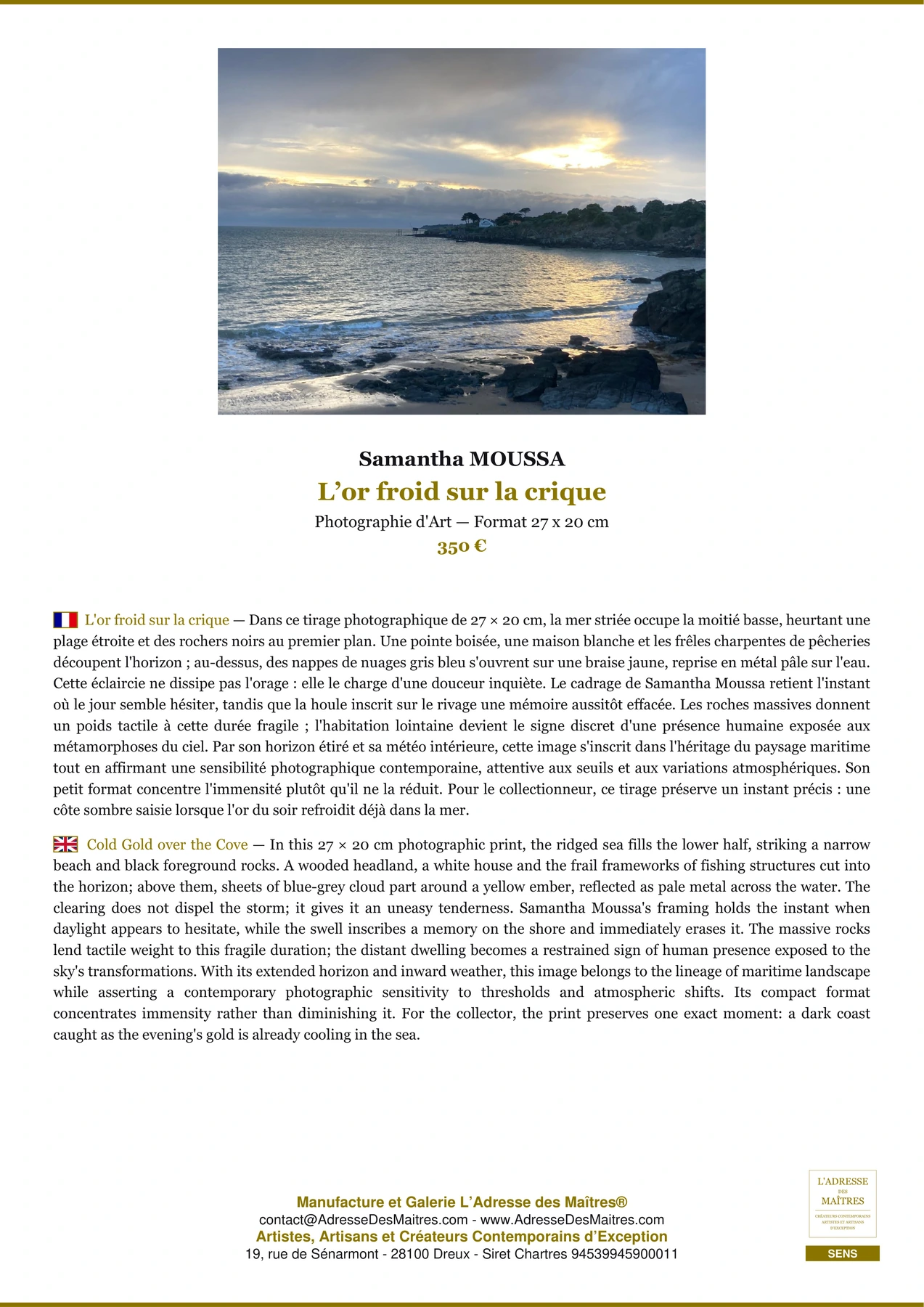 L’or froid sur la crique — Fiche Premium, Photographie d'Art 27 x 20 cm, Samantha MOUSSA