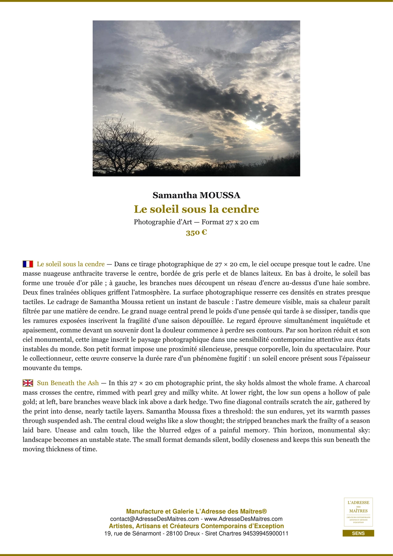 Le soleil sous la cendre — Fiche Premium, Photographie d'Art 27 x 20 cm, Samantha MOUSSA