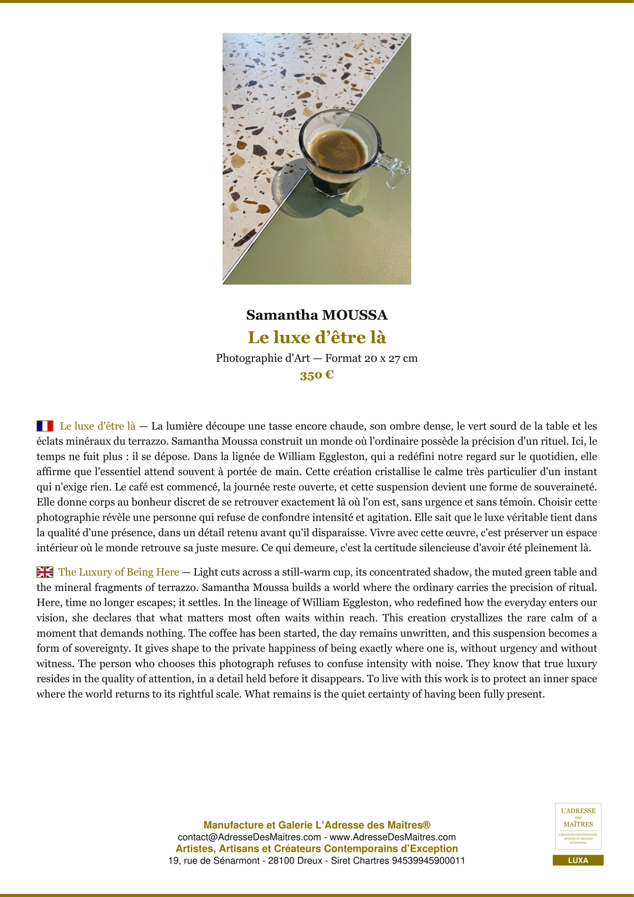 Le luxe d’être là — Fiche Premium, Photographie d'Art 20 x 27 cm, Samantha MOUSSA