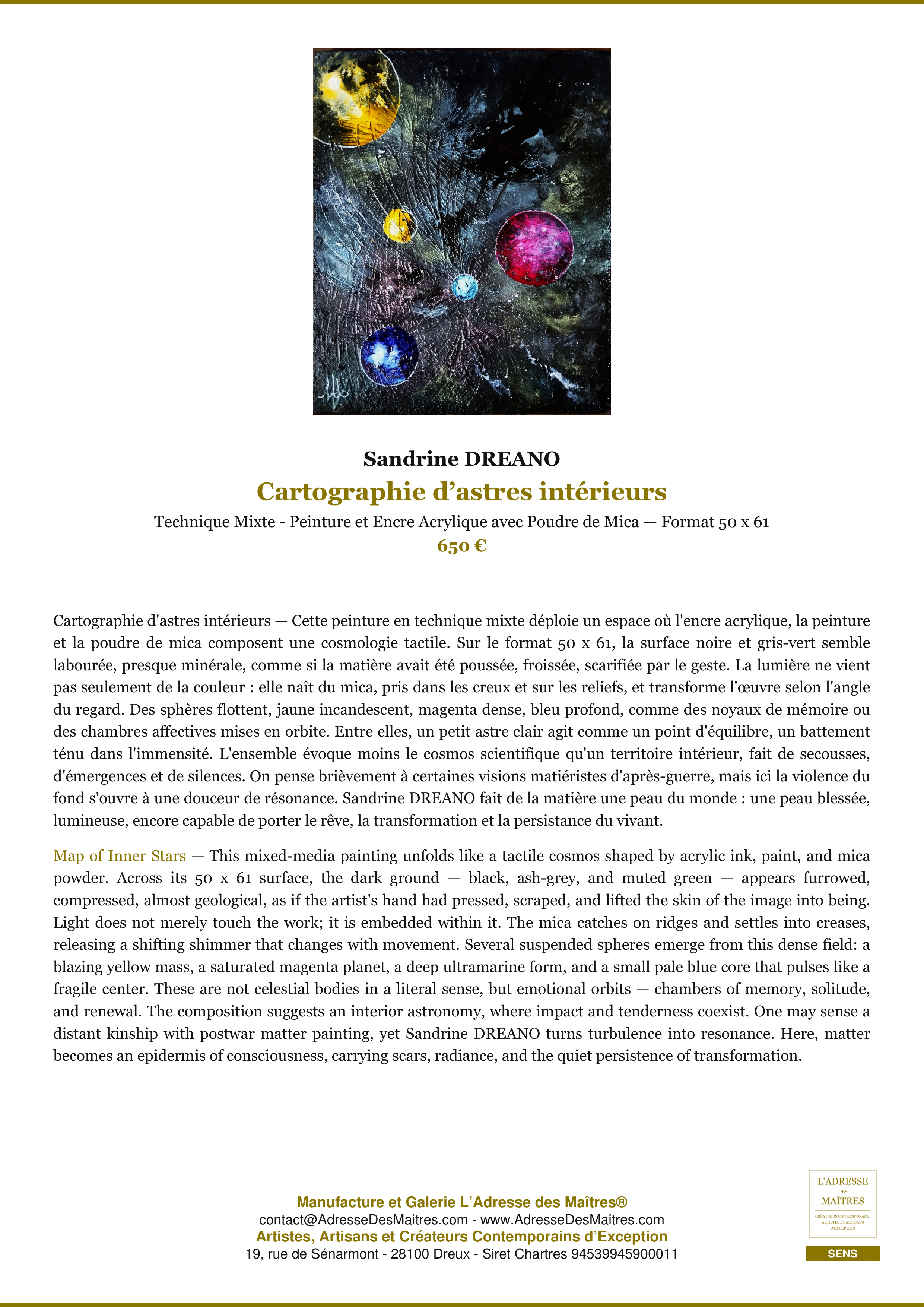 Fiche Premium — Cartographie d’astres intérieurs — Sandrine DREANO — L'Adresse des Maîtres®
