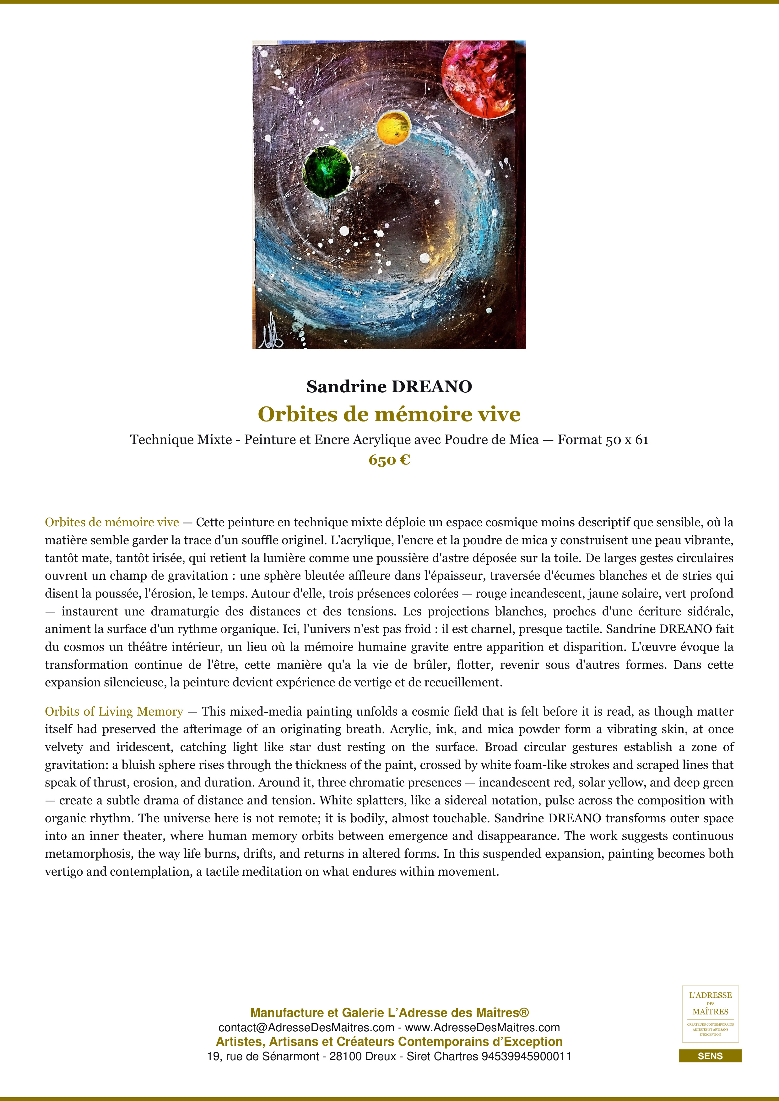 Fiche Premium — Orbites de mémoire vive — Sandrine DREANO — L'Adresse des Maîtres®
