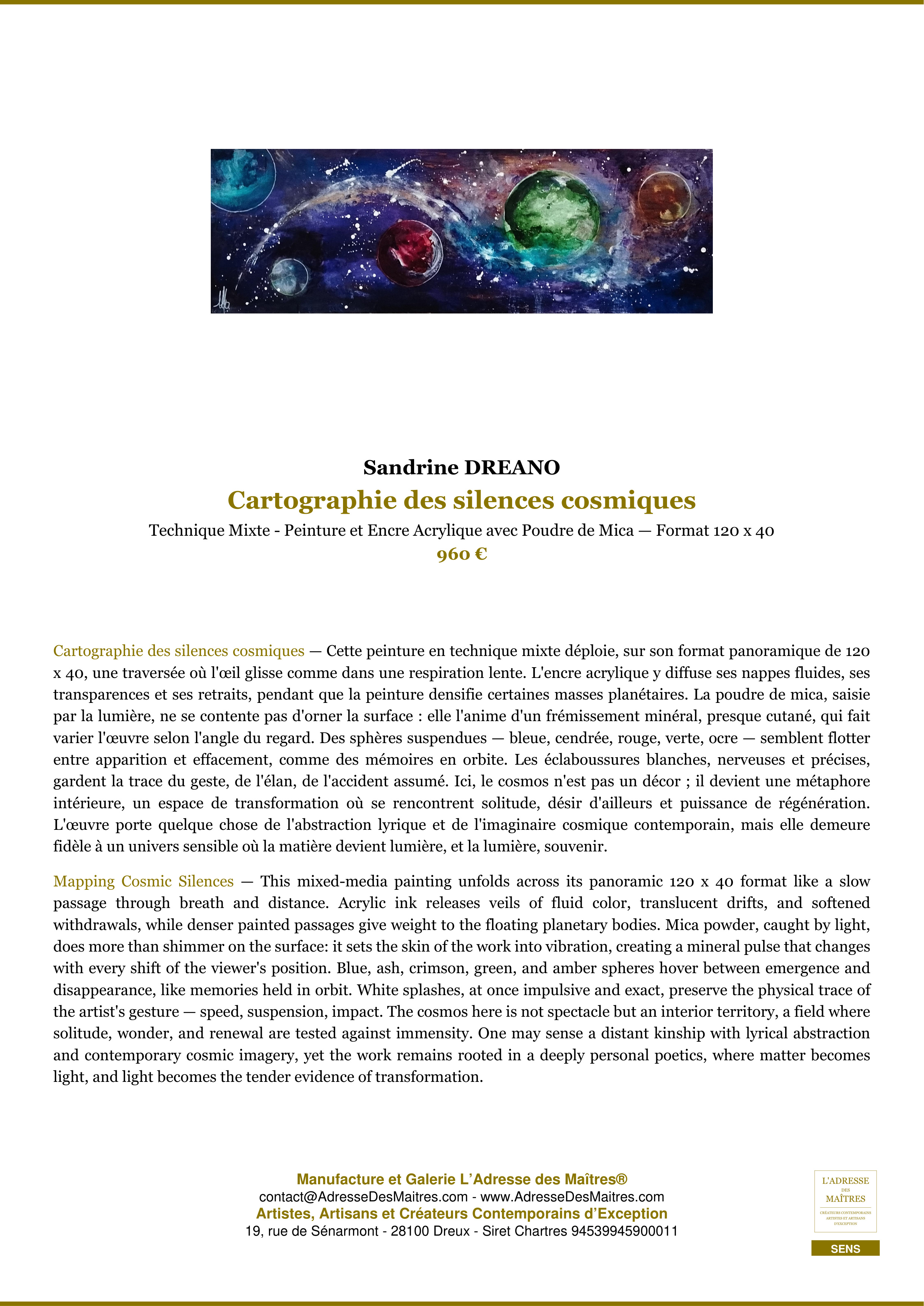 Fiche Premium — Cartographie des silences cosmiques — Sandrine DREANO — L'Adresse des Maîtres®