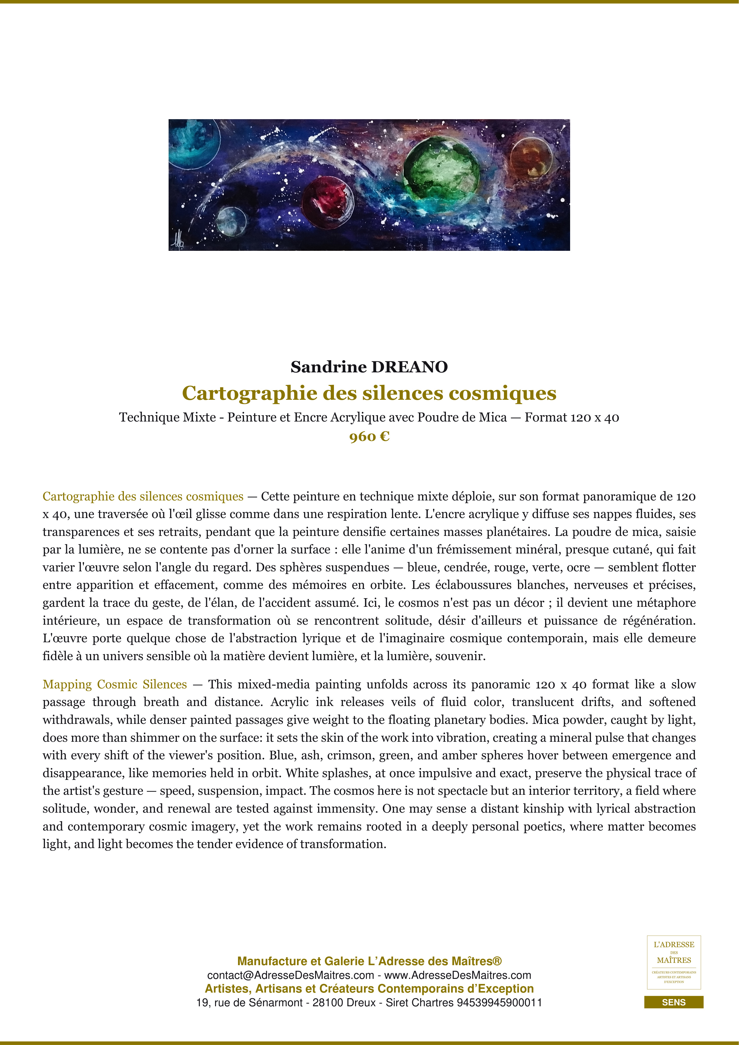 Fiche Premium — Cartographie des silences cosmiques — Sandrine DREANO — L'Adresse des Maîtres®