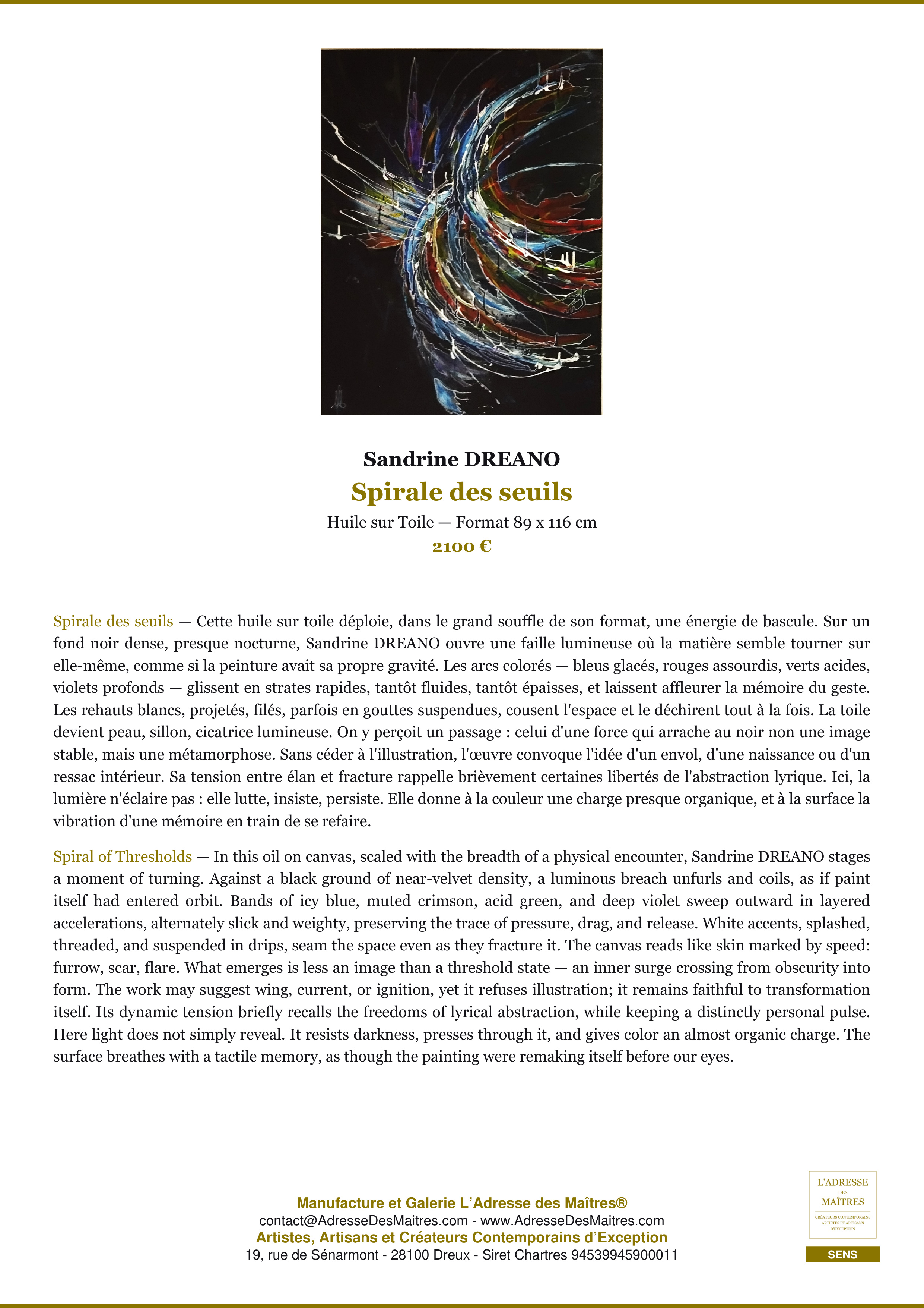 Fiche Premium — Spirale des seuils — Sandrine DREANO — L'Adresse des Maîtres®