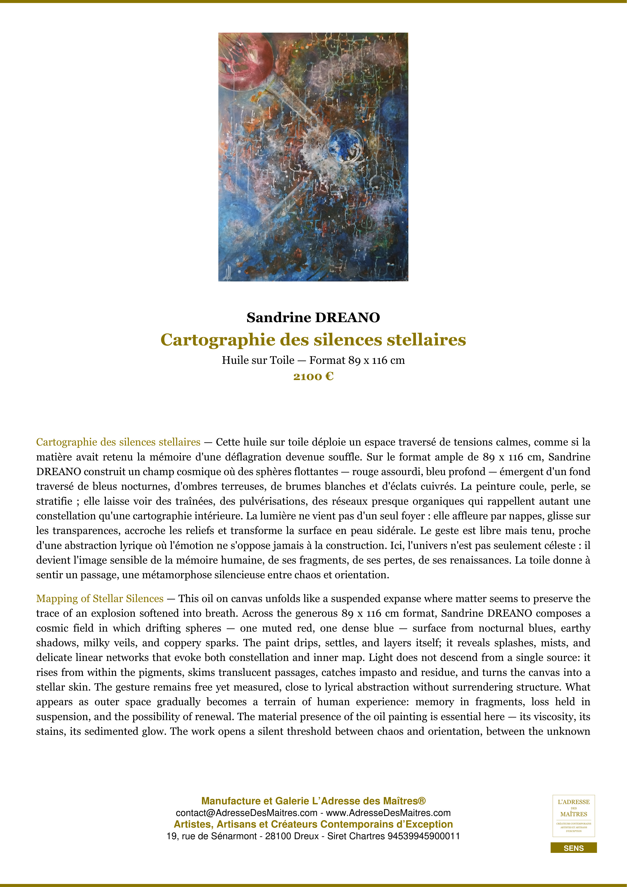 Fiche Premium — Cartographie des silences stellaires — Sandrine DREANO — L'Adresse des Maîtres®