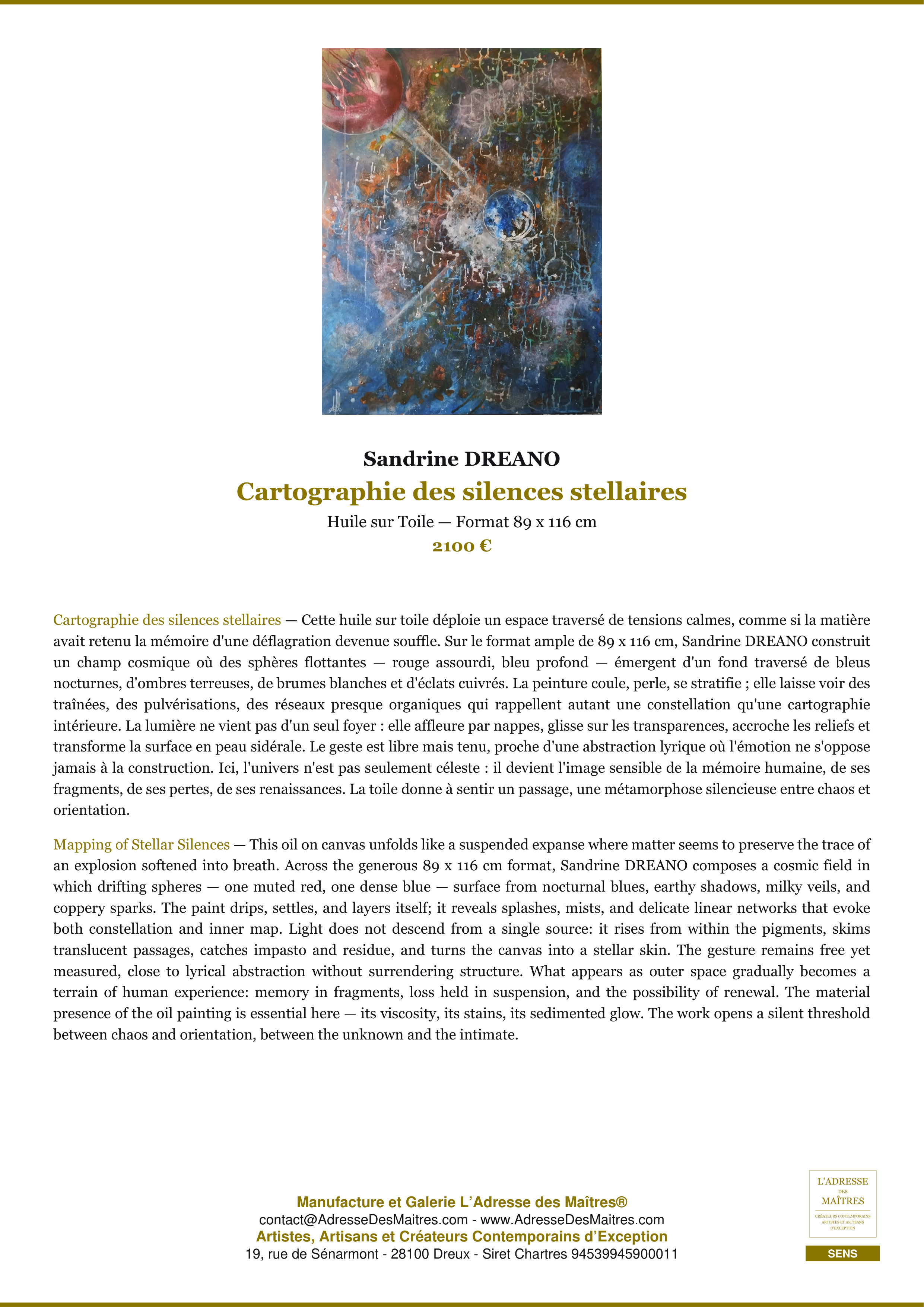 Fiche Premium — Cartographie des silences stellaires — Sandrine DREANO — L'Adresse des Maîtres®