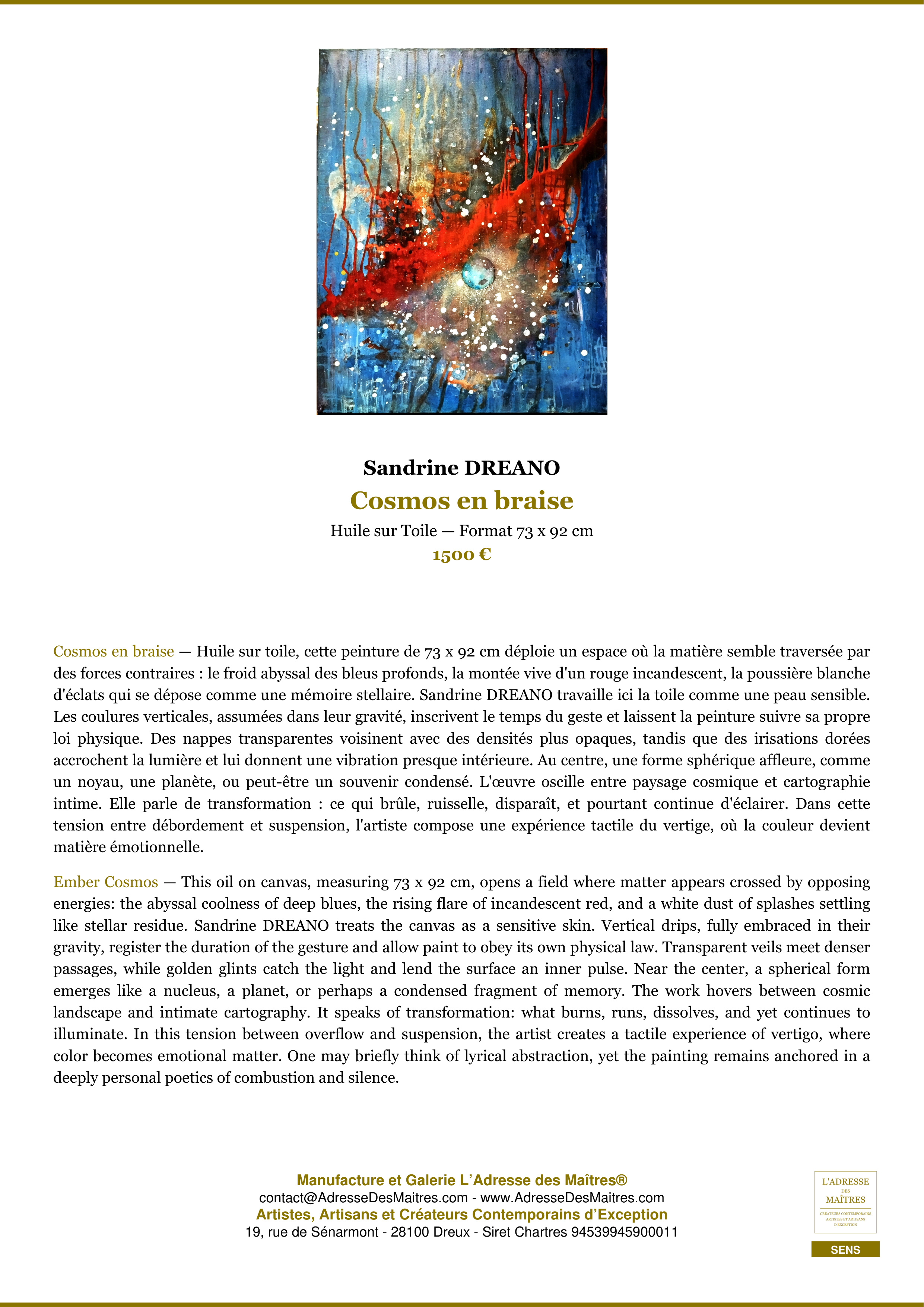 Fiche Premium — Cosmos en braise — Sandrine DREANO — L'Adresse des Maîtres®