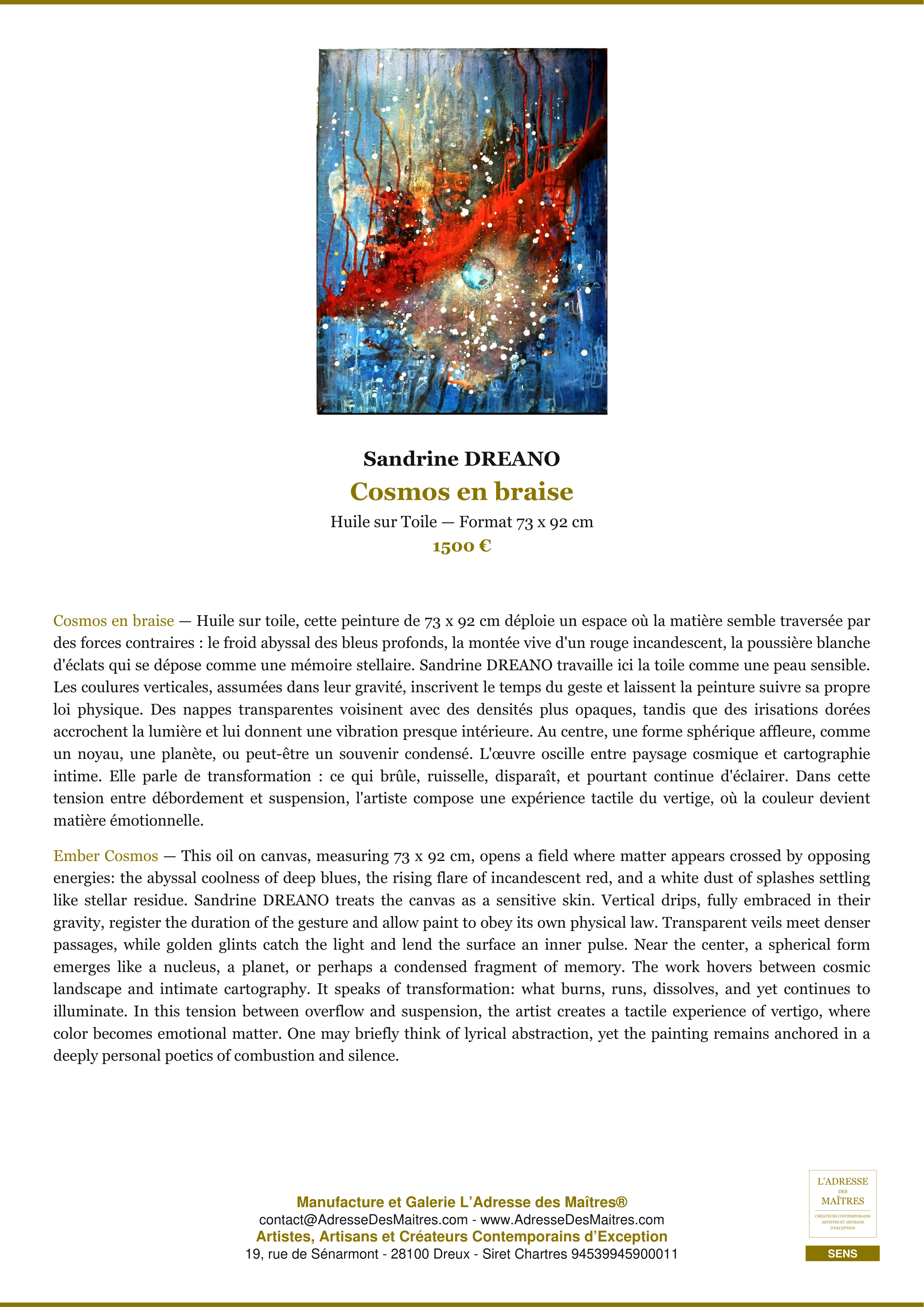Fiche Premium — Cosmos en braise — Sandrine DREANO — L'Adresse des Maîtres®