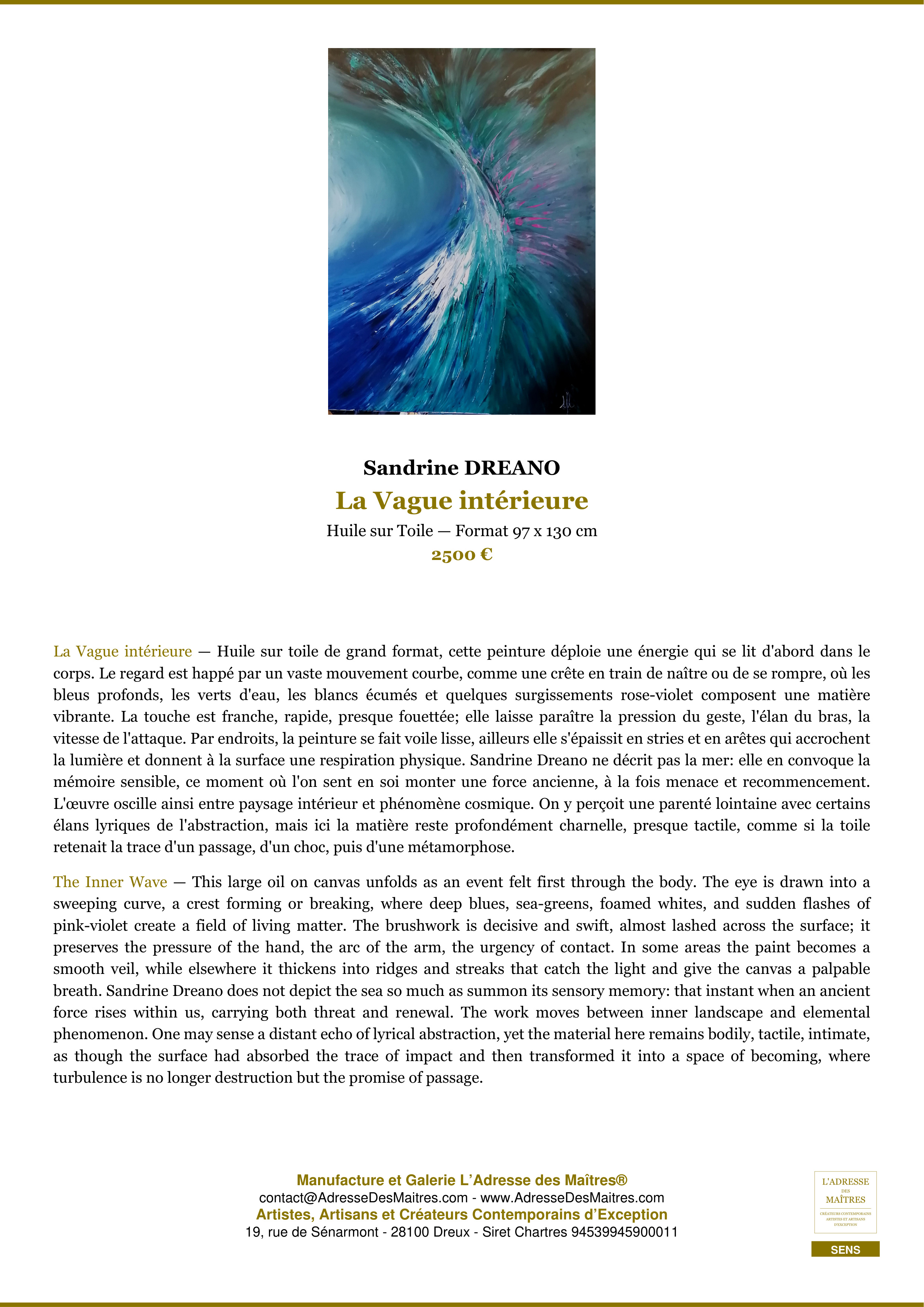 Fiche Premium — La Vague intérieure — Sandrine DREANO — L'Adresse des Maîtres®