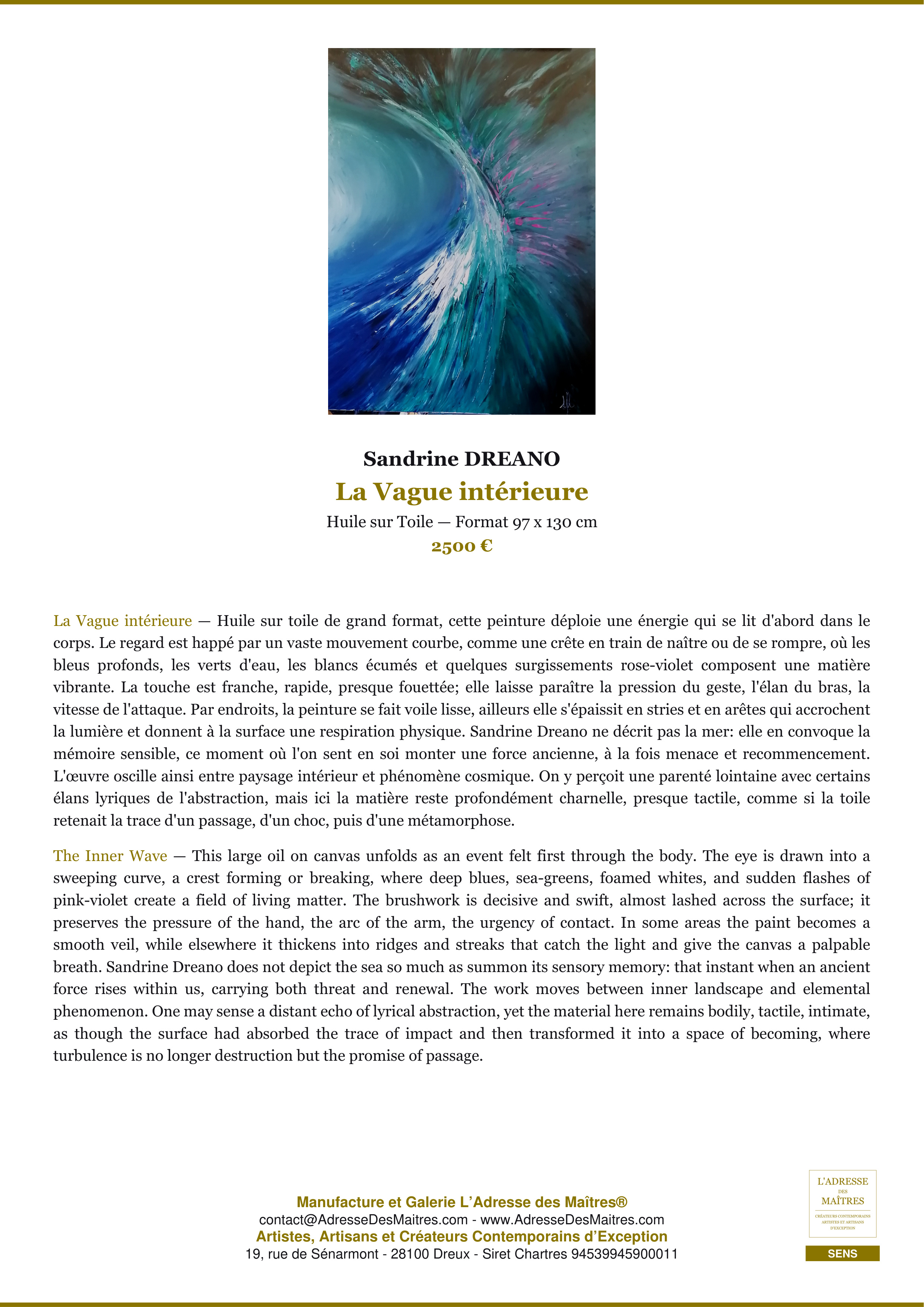 Fiche Premium — La Vague intérieure — Sandrine DREANO — L'Adresse des Maîtres®