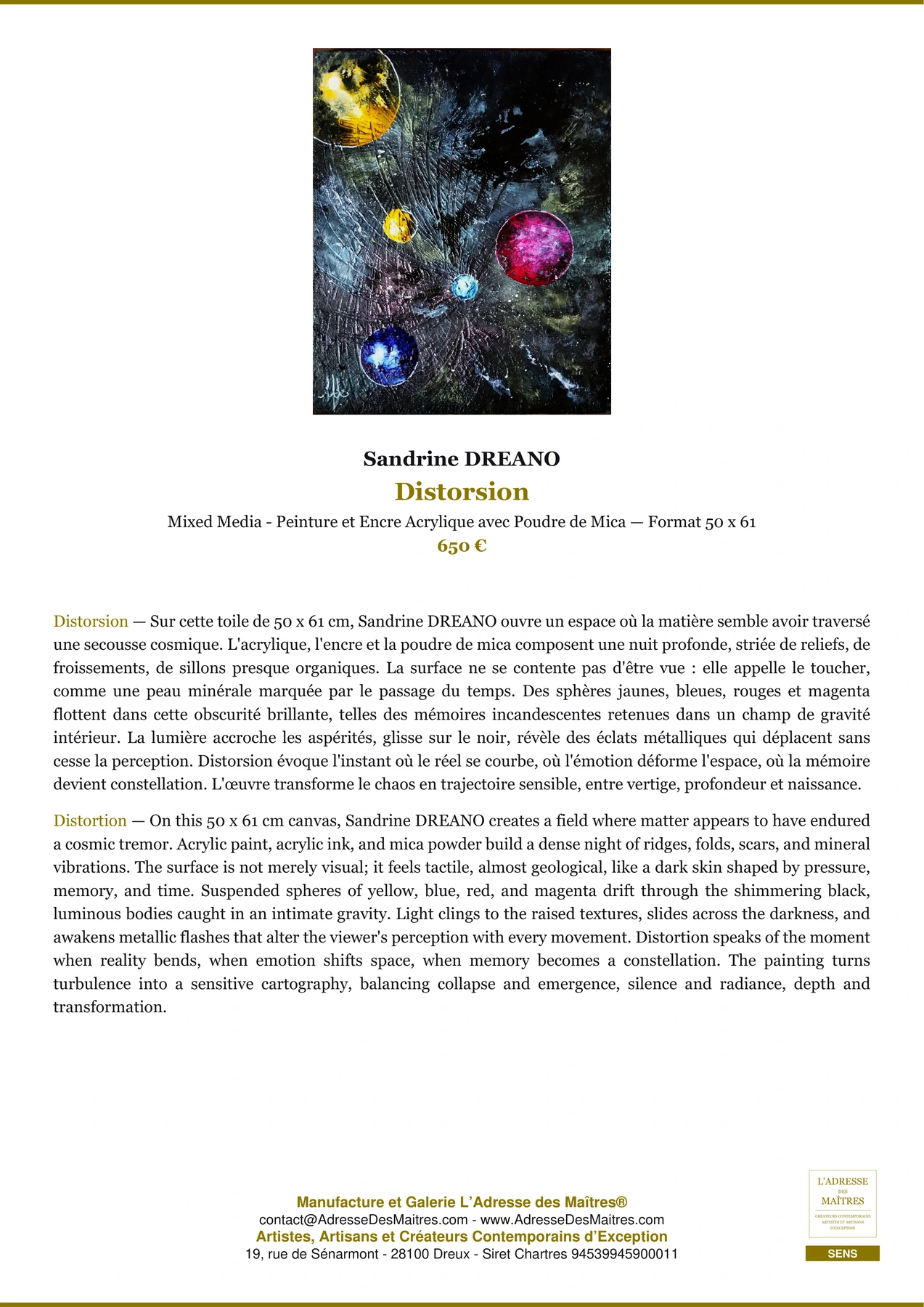 Fiche Premium - Distorsion - Sandrine DREANO - L'Adresse des Maîtres®