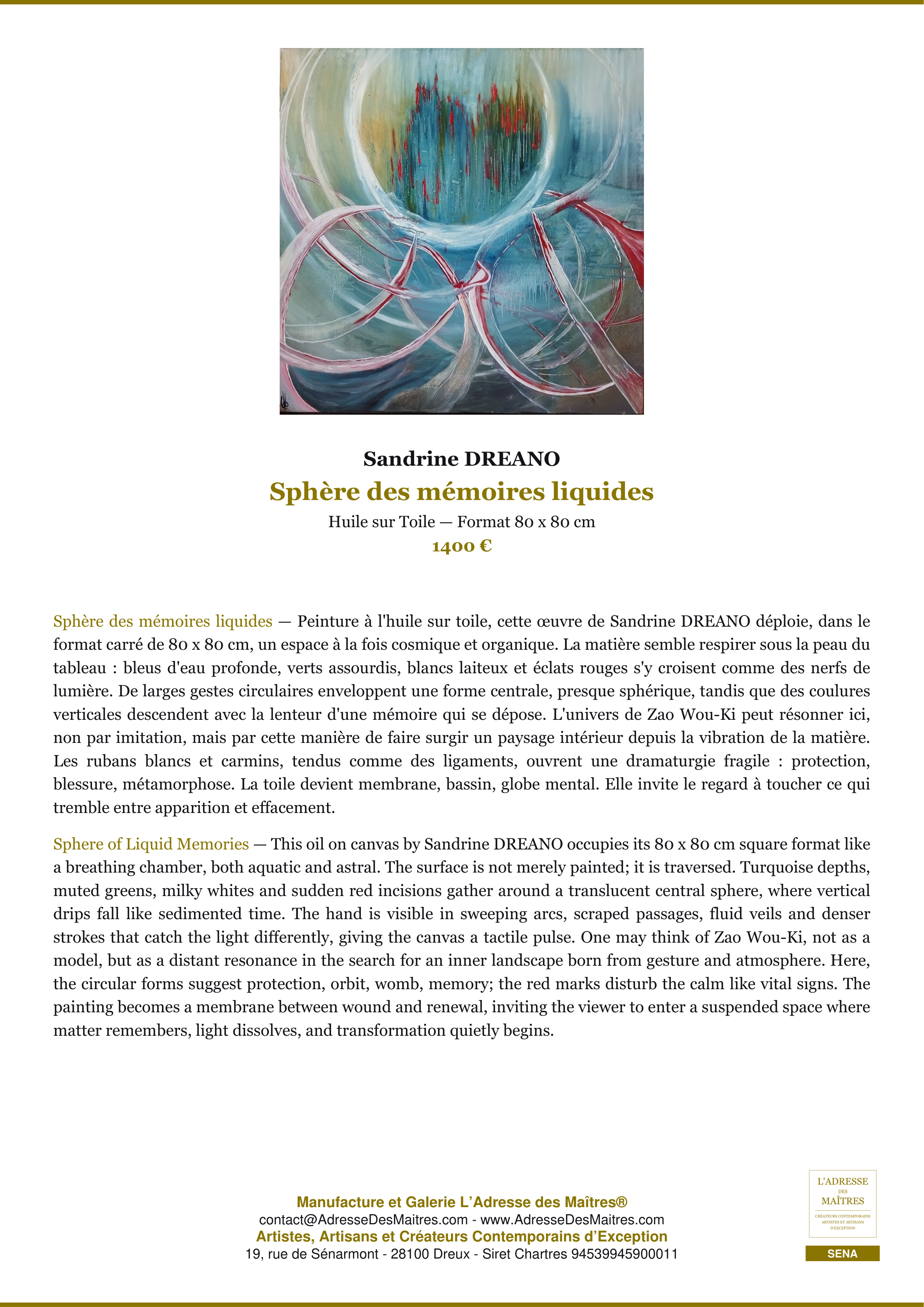 Fiche Premium — Sphère des mémoires liquides — Sandrine DREANO — L'Adresse des Maîtres®
