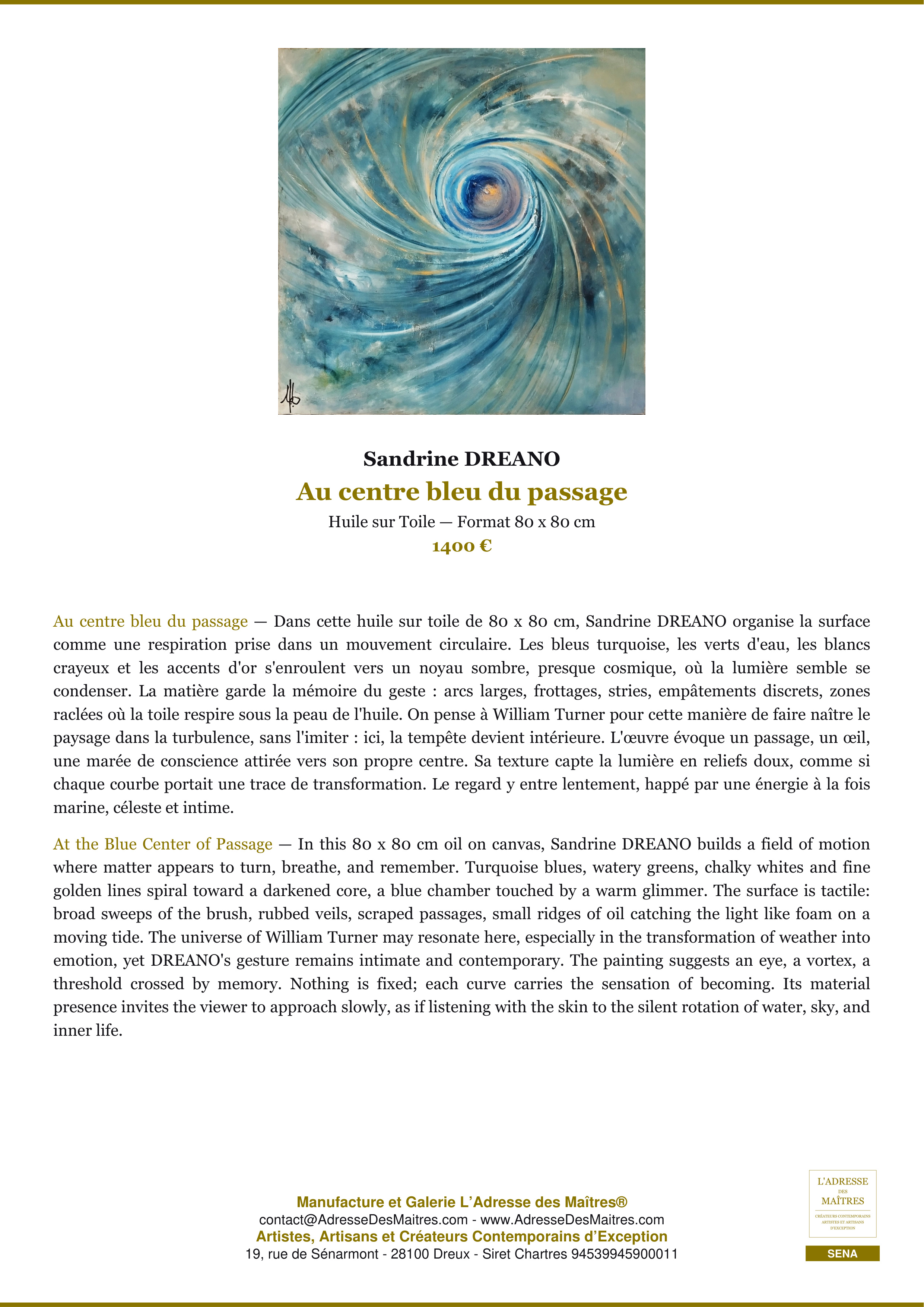 Fiche Premium — Au centre bleu du passage — Sandrine DREANO — L'Adresse des Maîtres®