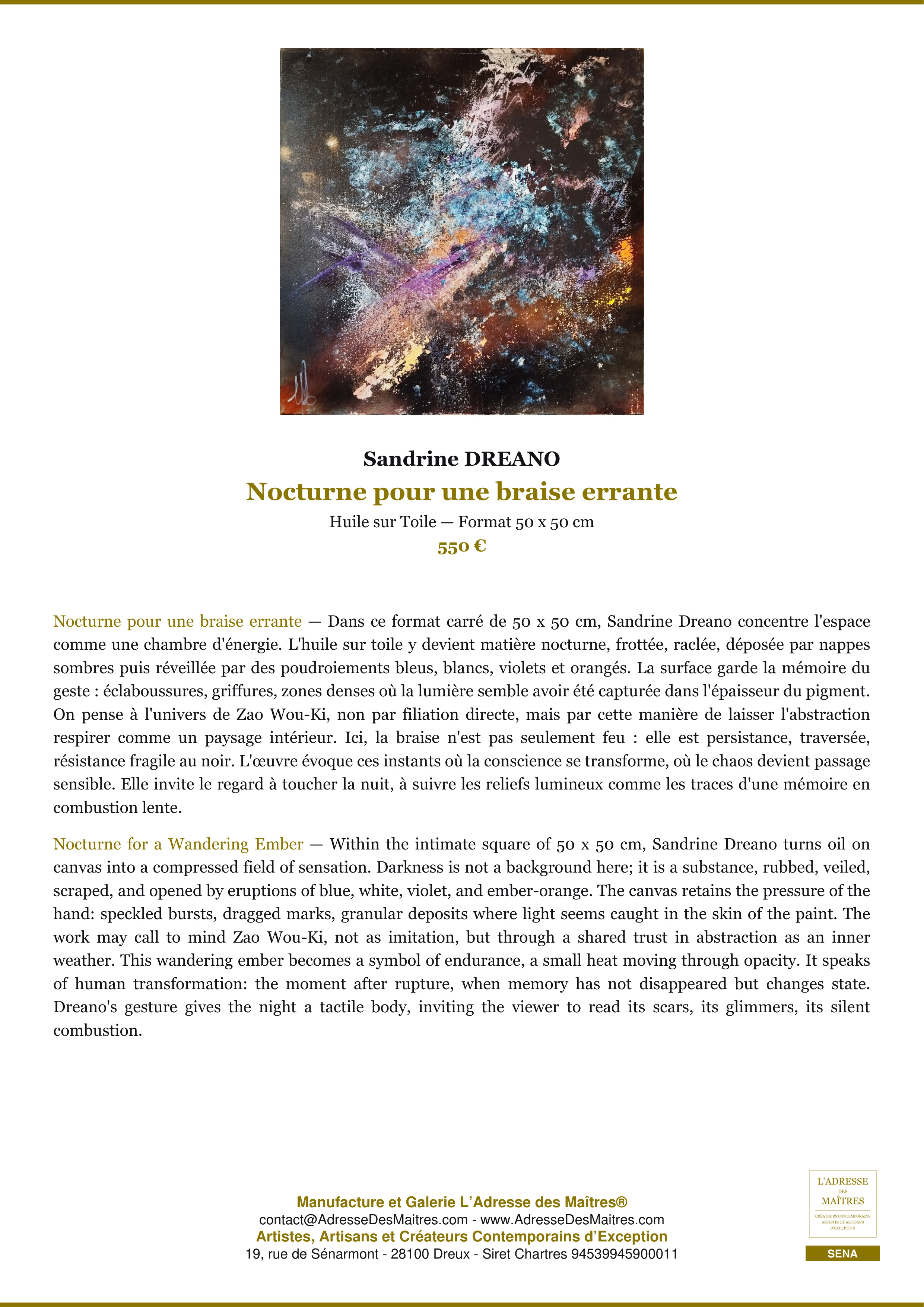 Fiche Premium — Nocturne pour une braise errante — Sandrine DREANO — L'Adresse des Maîtres®