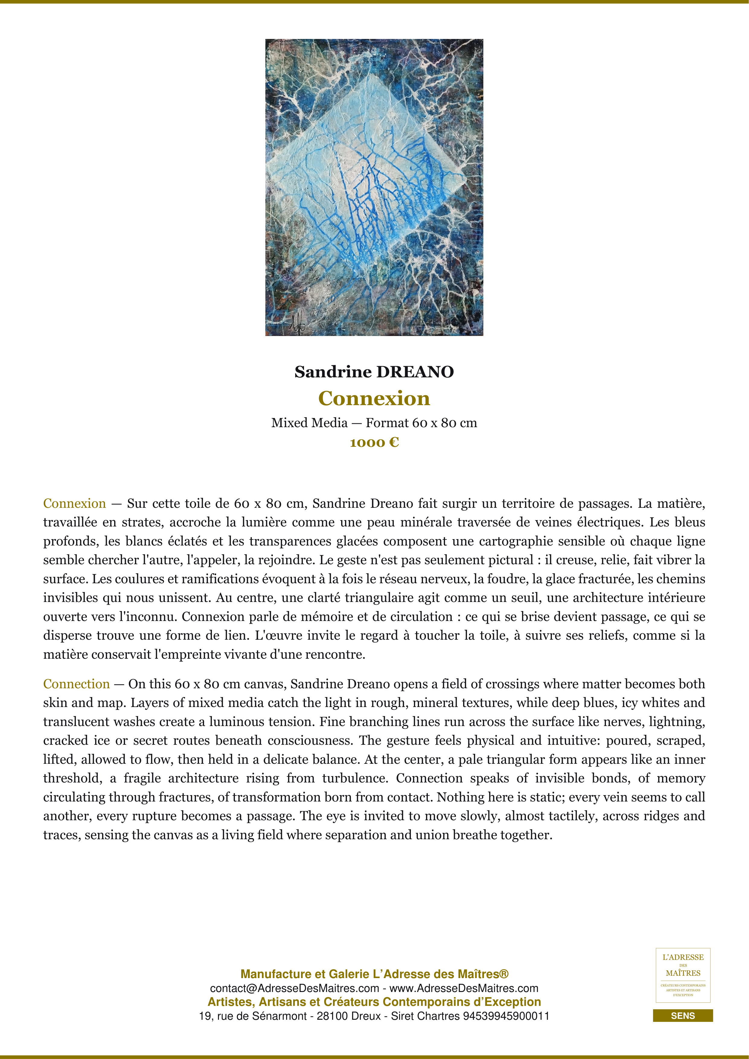 Fiche Premium — Connexion — Sandrine DREANO — L'Adresse des Maîtres®