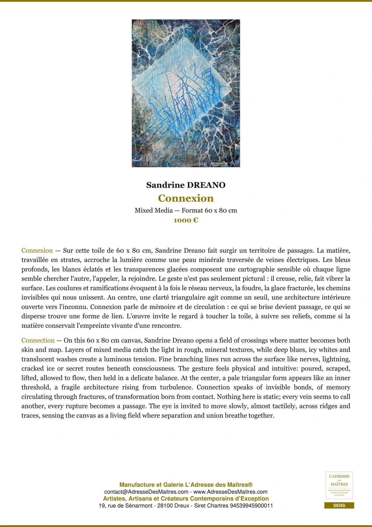 Fiche Premium - Connexion - Sandrine DREANO - L'Adresse des Maîtres®