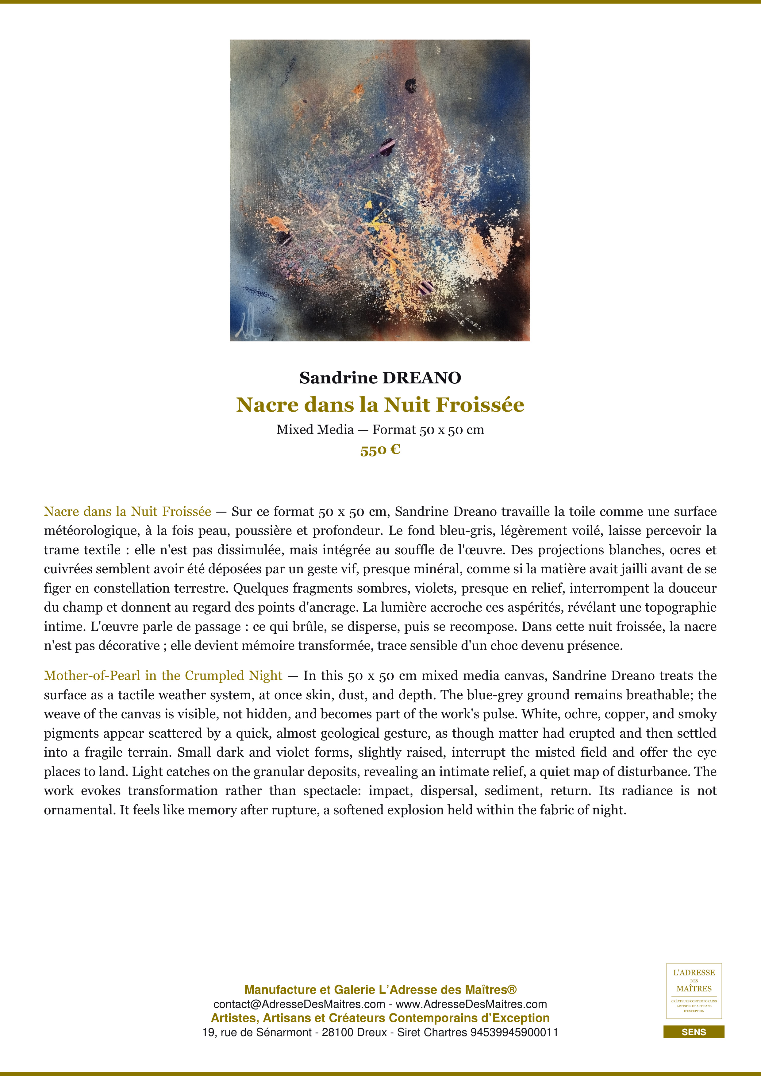 Fiche Premium — Nacre dans la Nuit Froissée — Sandrine DREANO — L'Adresse des Maîtres®