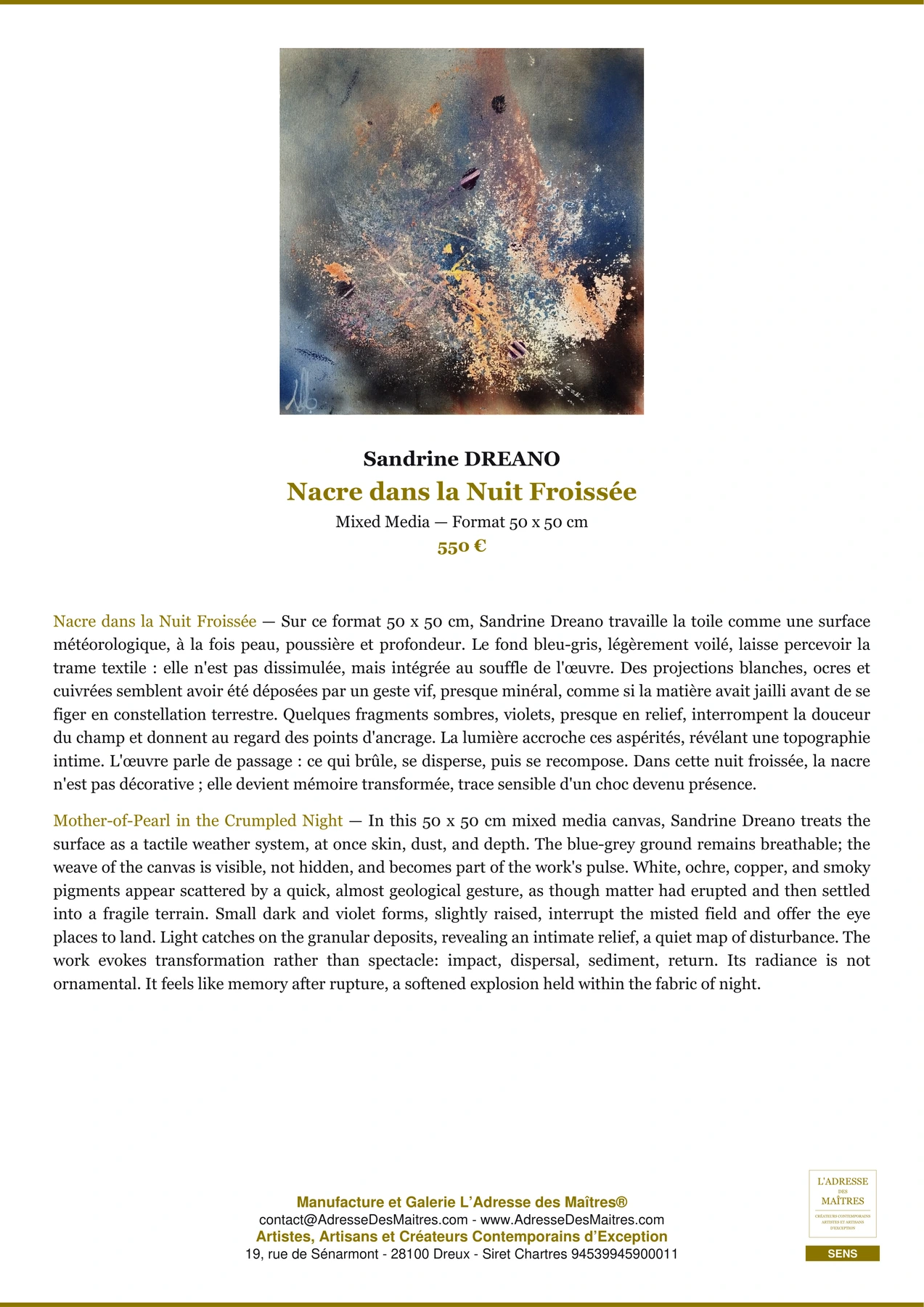 Fiche Premium - Nacre dans la Nuit Froissée - Sandrine DREANO - L'Adresse des Maîtres®