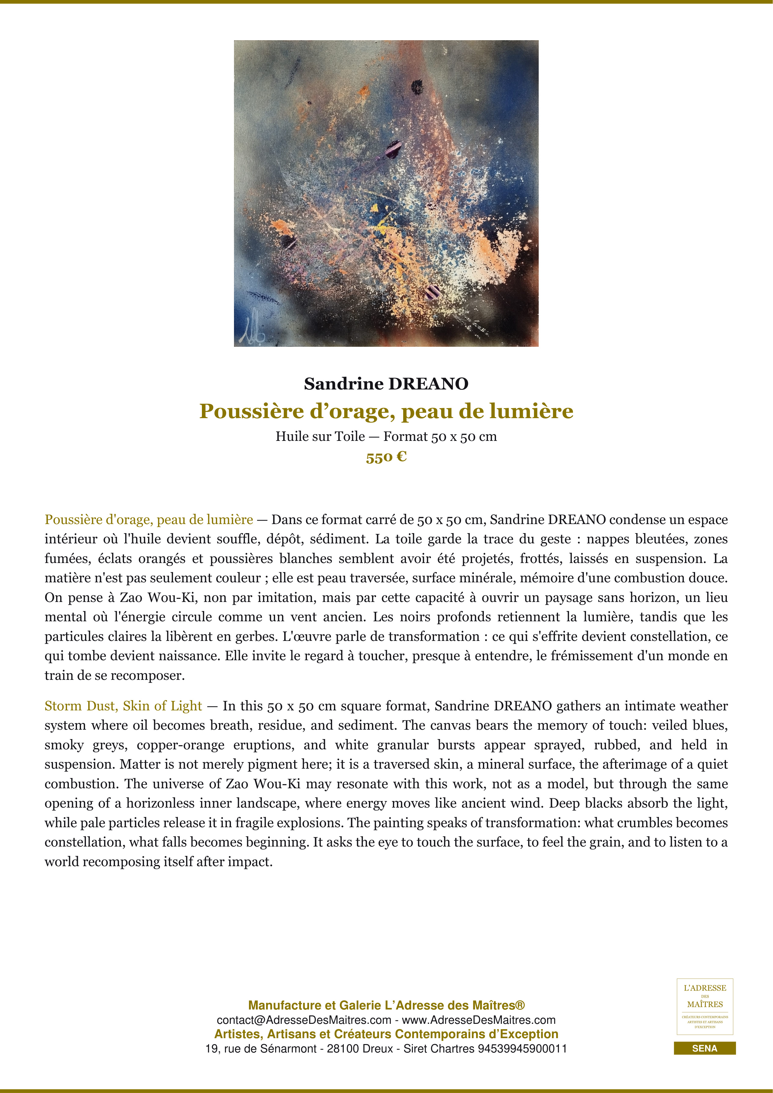 Fiche Premium — Poussière d’orage, peau de lumière — Sandrine DREANO — L'Adresse des Maîtres®