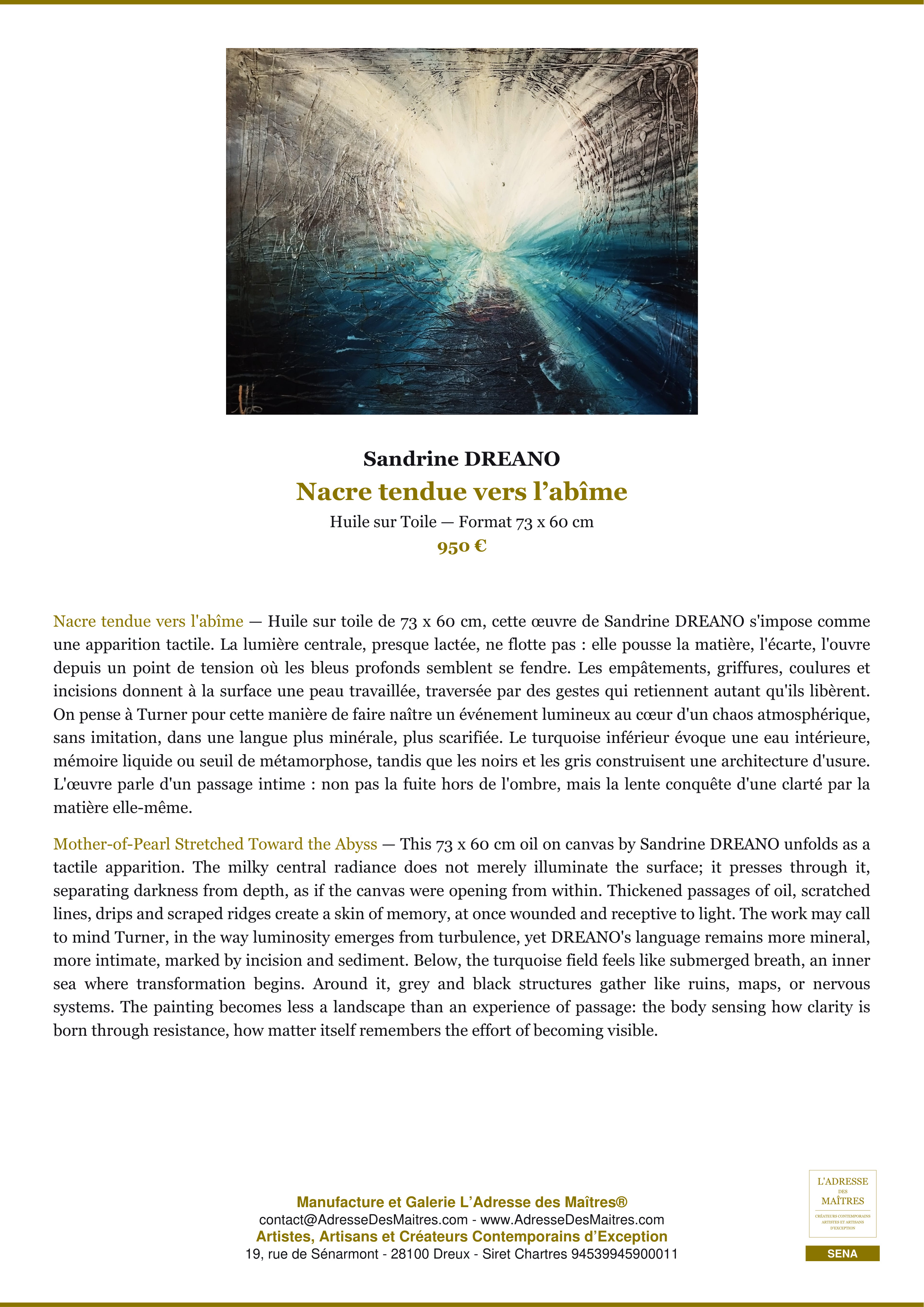 Fiche Premium — Nacre tendue vers l’abîme — Sandrine DREANO — L'Adresse des Maîtres®
