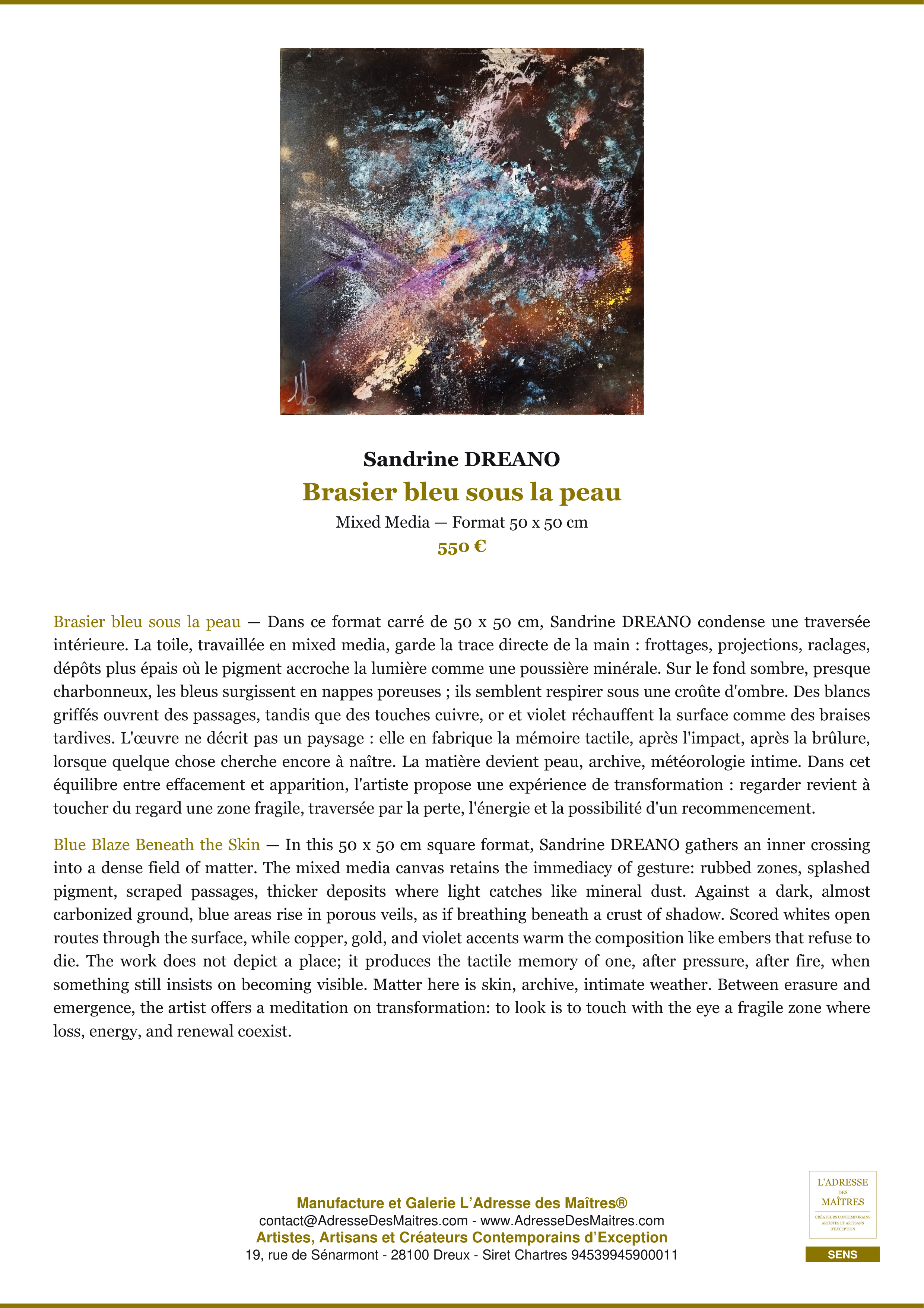Fiche Premium — Brasier bleu sous la peau — Sandrine DREANO — L'Adresse des Maîtres®