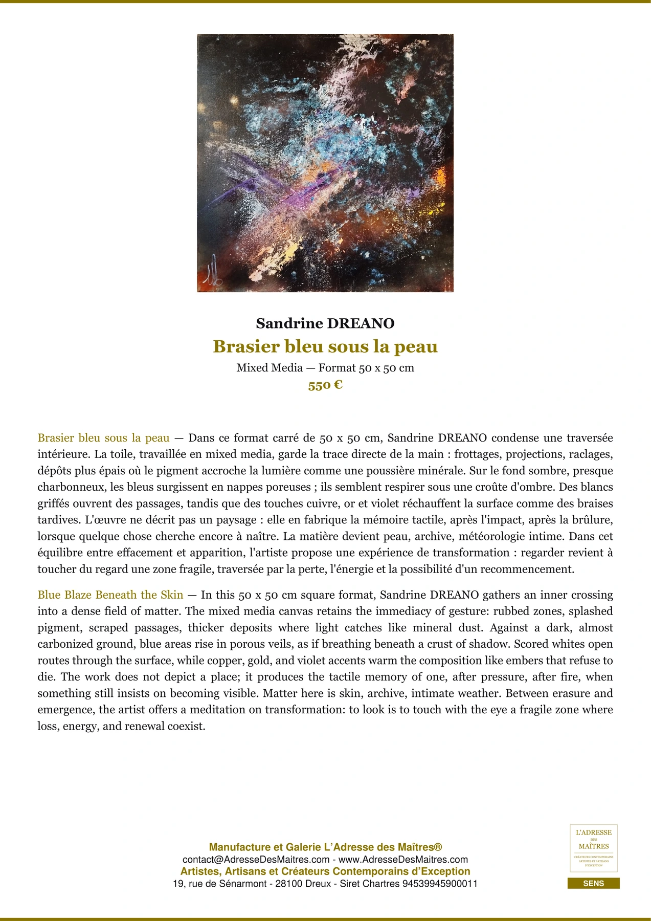 Fiche Premium - Brasier bleu sous la peau - Sandrine DREANO - L'Adresse des Maîtres®