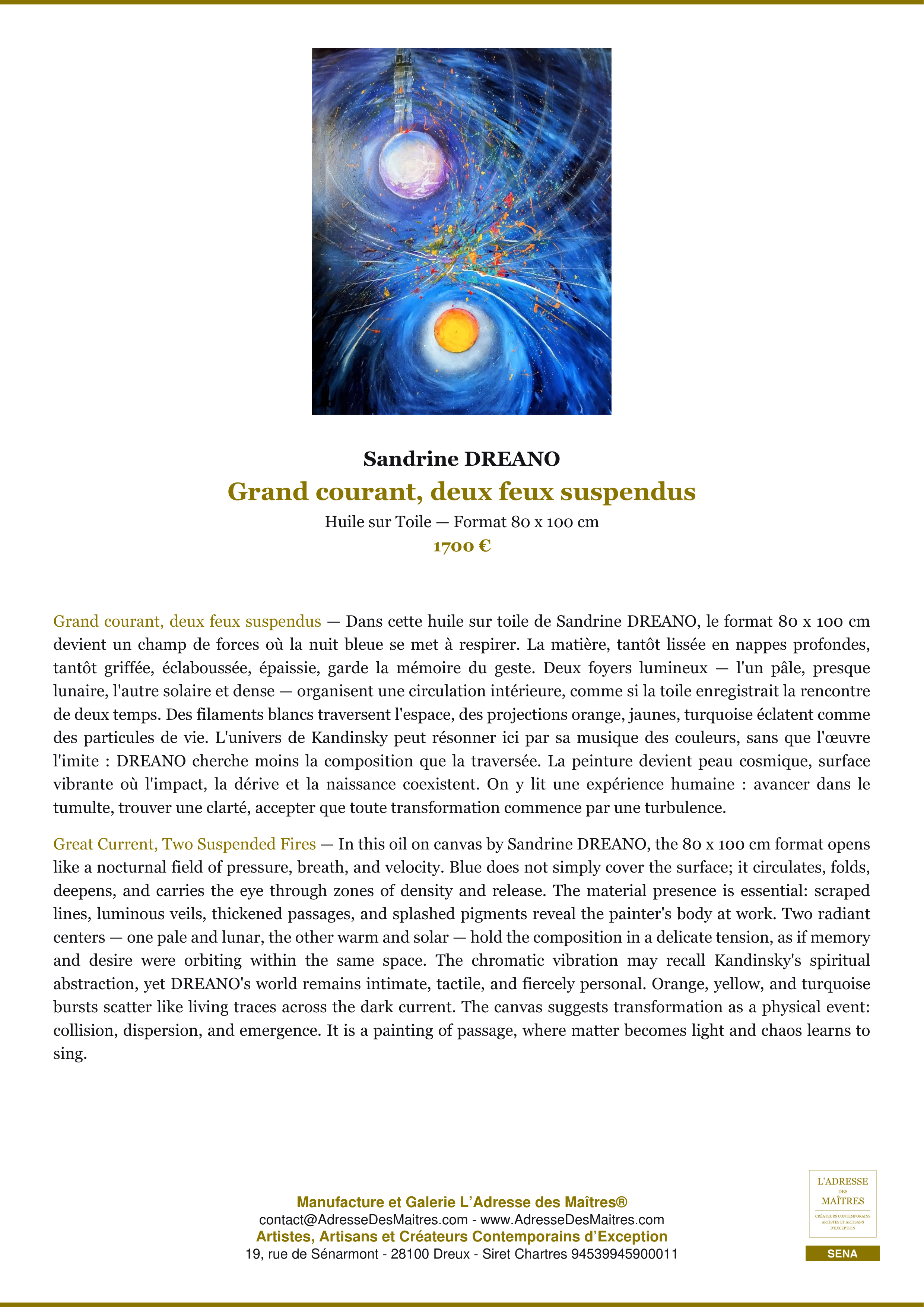 Fiche Premium — Grand courant, deux feux suspendus — Sandrine DREANO — L'Adresse des Maîtres®