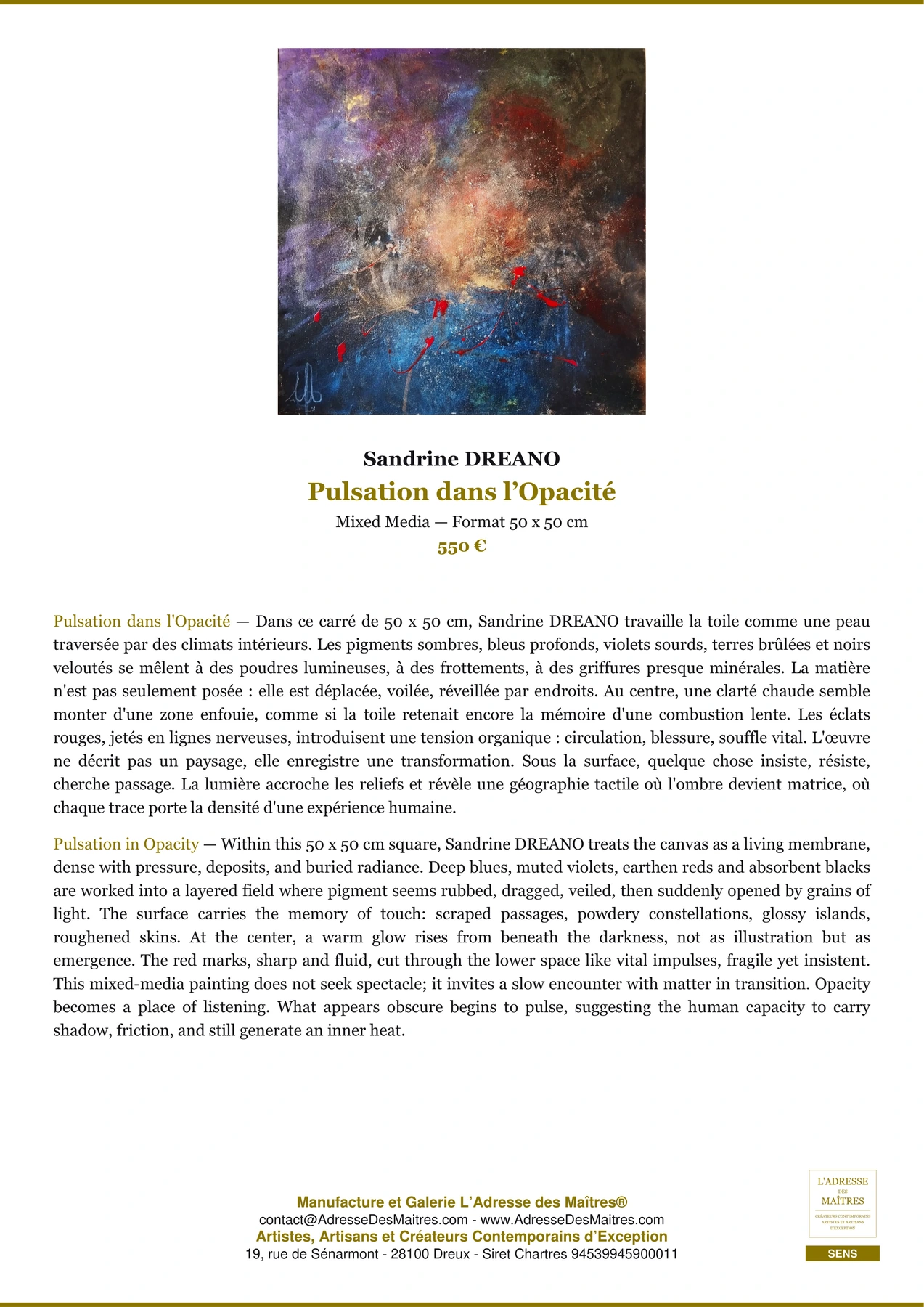 Fiche Premium - Pulsation dans l’Opacité - Sandrine DREANO - L'Adresse des Maîtres®