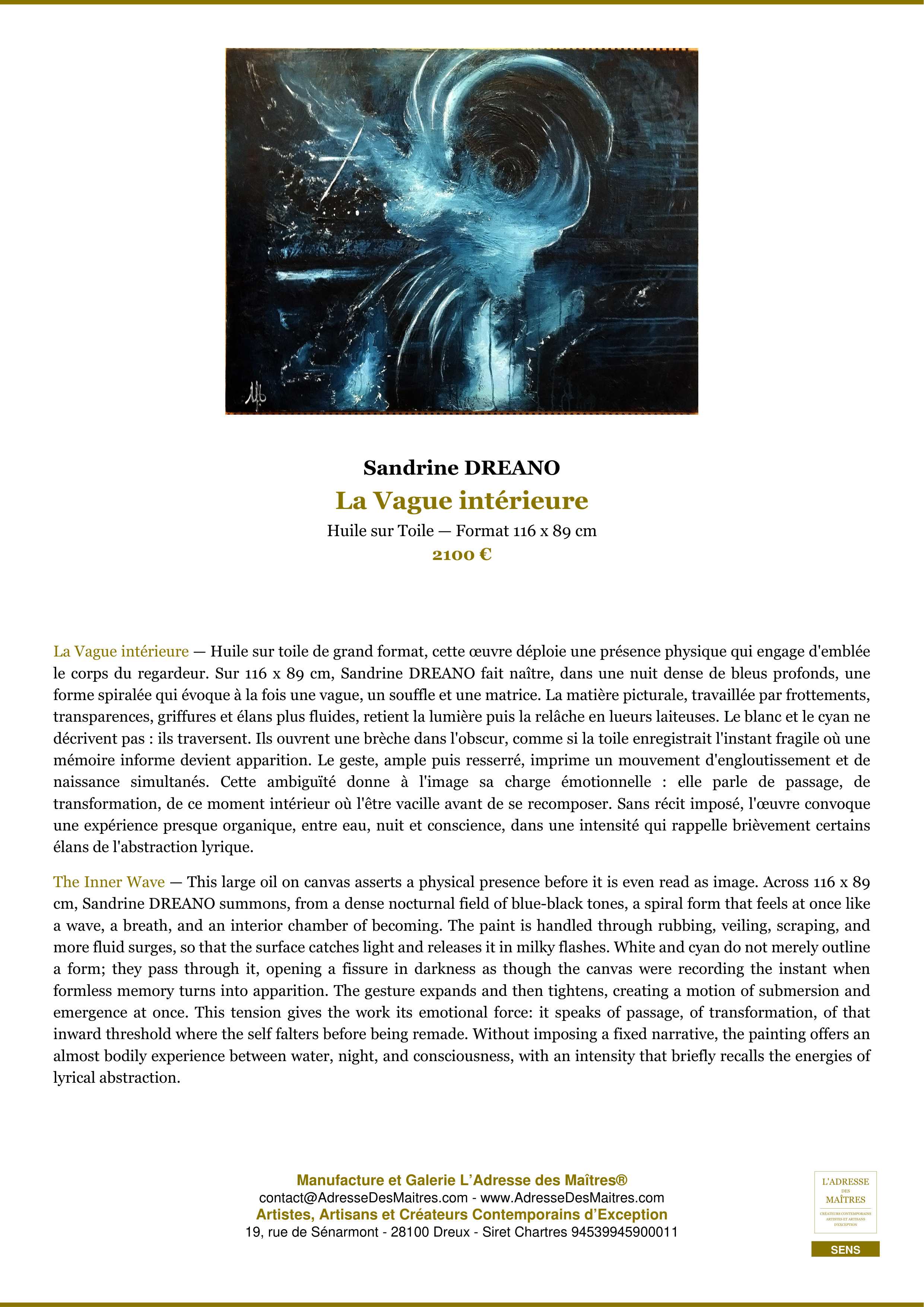 Fiche Premium — La Vague intérieure — Sandrine DREANO — L'Adresse des Maîtres®