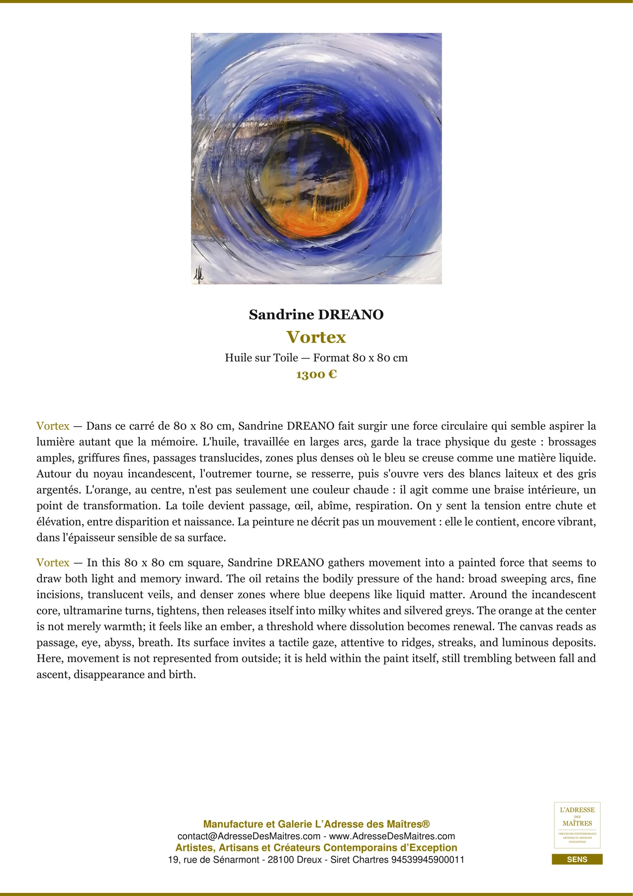 Fiche Premium - Vortex - Sandrine DREANO - L'Adresse des Maîtres®