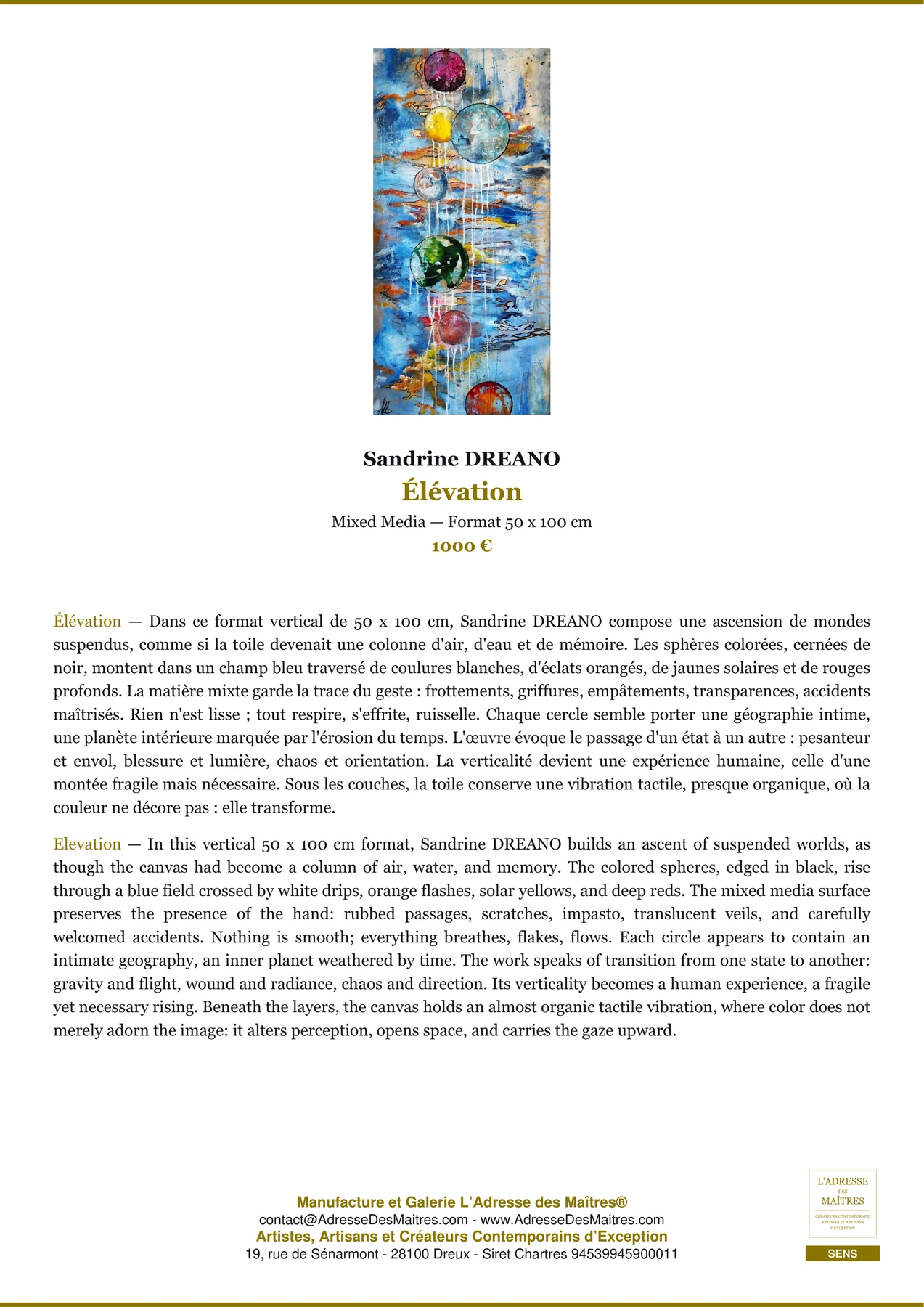 Fiche Premium - Élévation - Sandrine DREANO - L'Adresse des Maîtres®