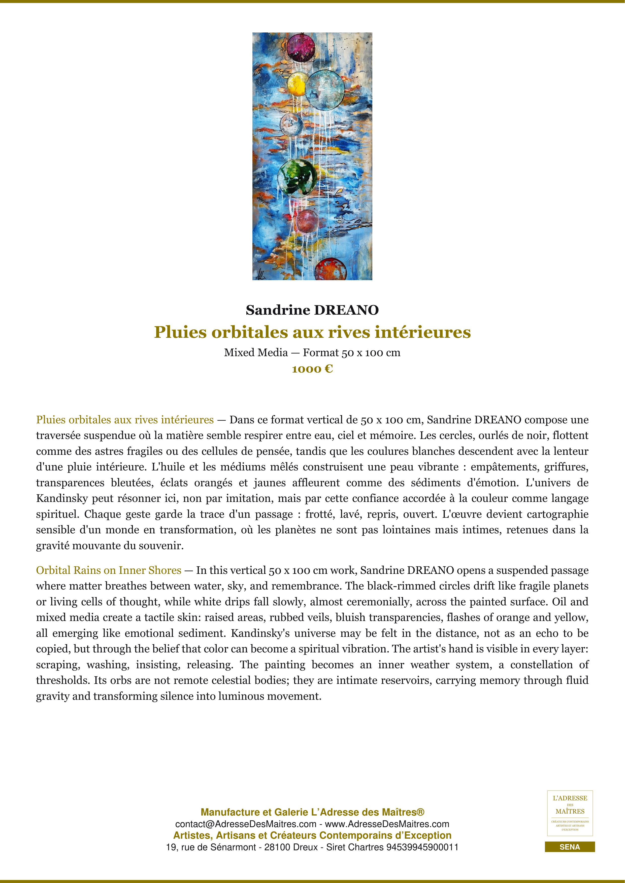 Fiche Premium — Pluies orbitales aux rives intérieures — Sandrine DREANO — L'Adresse des Maîtres®