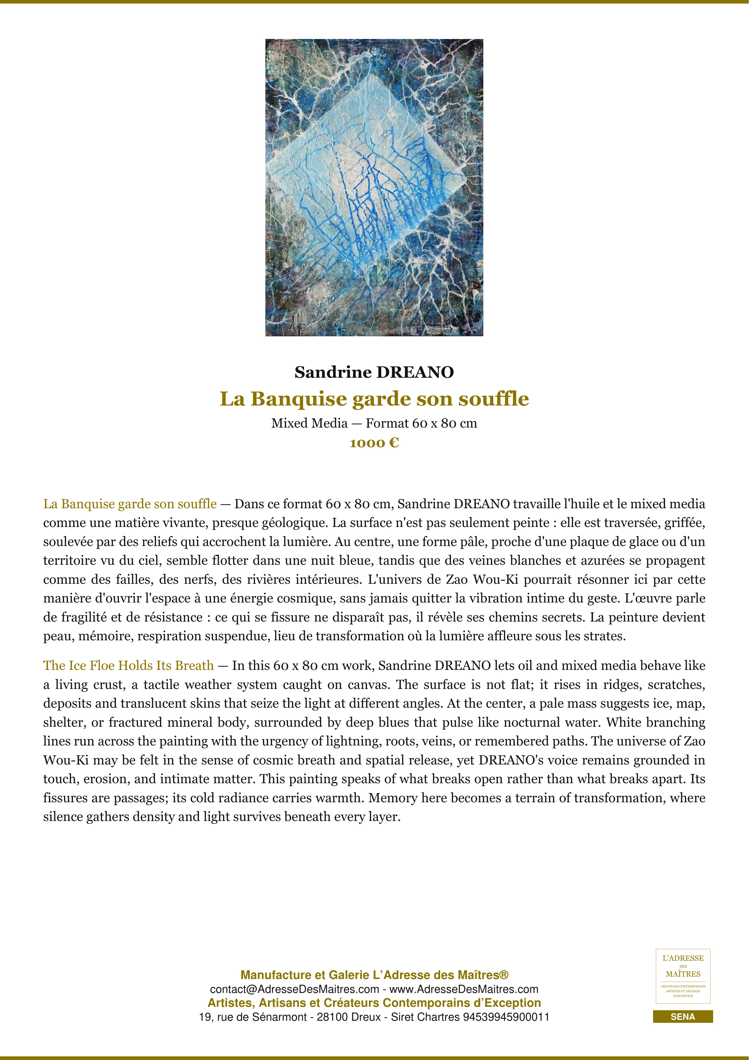 Fiche Premium — La Banquise garde son souffle — Sandrine DREANO — L'Adresse des Maîtres®