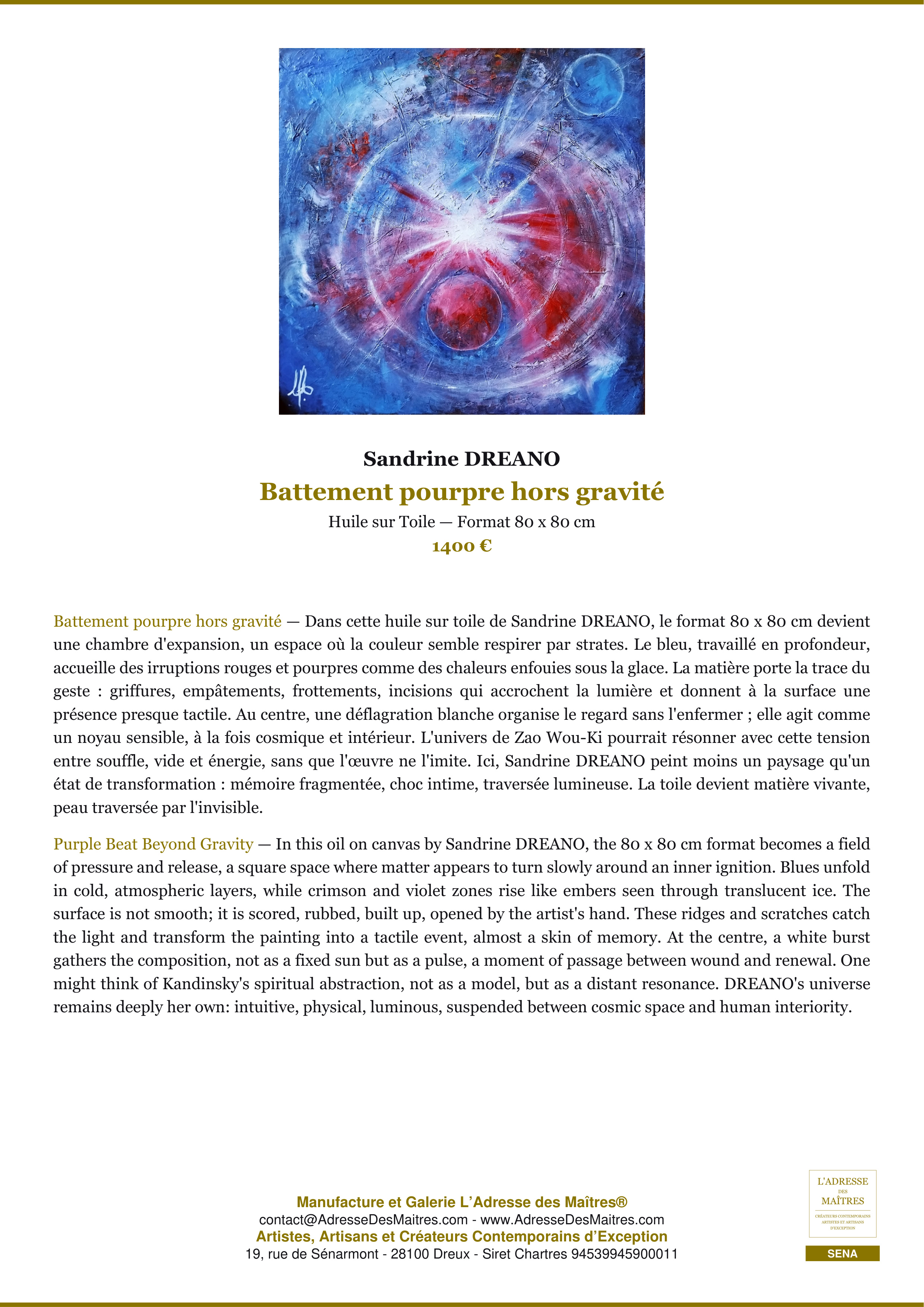 Fiche Premium — Battement pourpre hors gravité — Sandrine DREANO — L'Adresse des Maîtres®