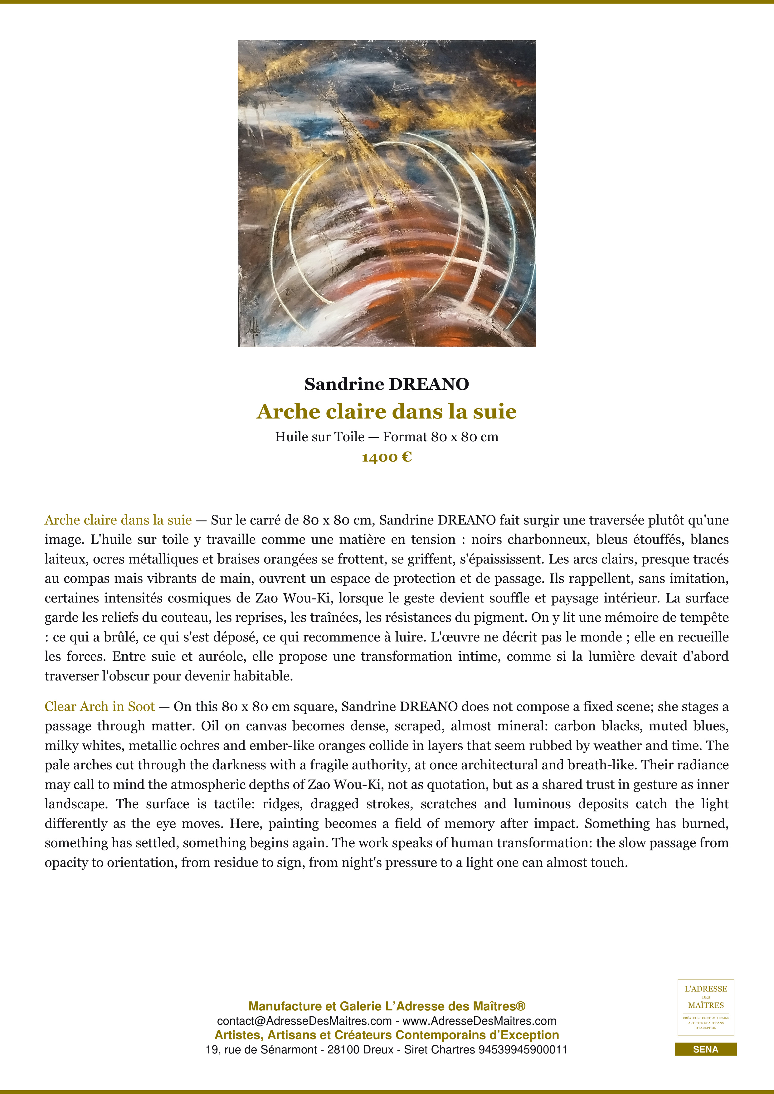 Fiche Premium — Arche claire dans la suie — Sandrine DREANO — L'Adresse des Maîtres®