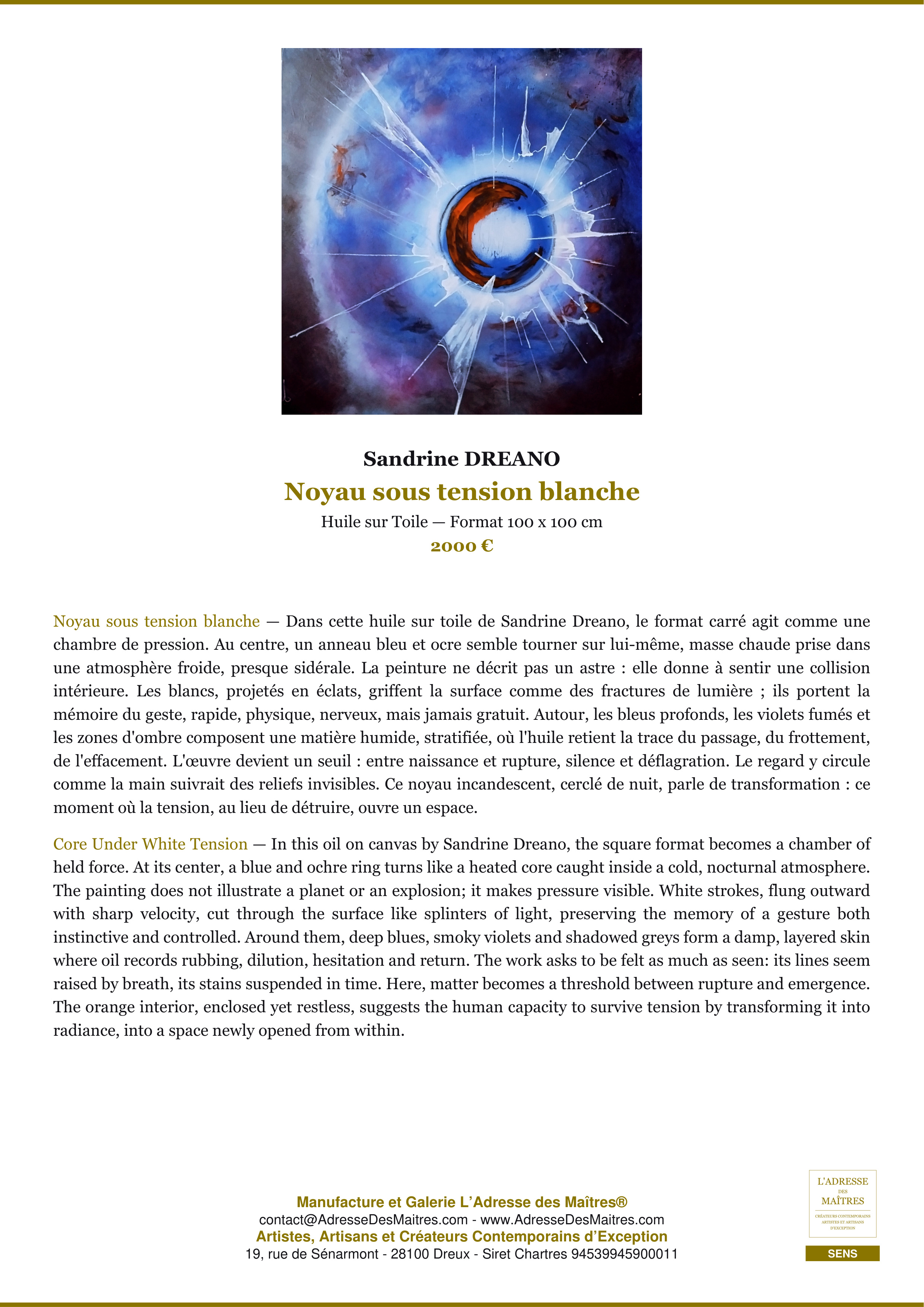 Fiche Premium — Noyau sous tension blanche — Sandrine DREANO — L'Adresse des Maîtres®