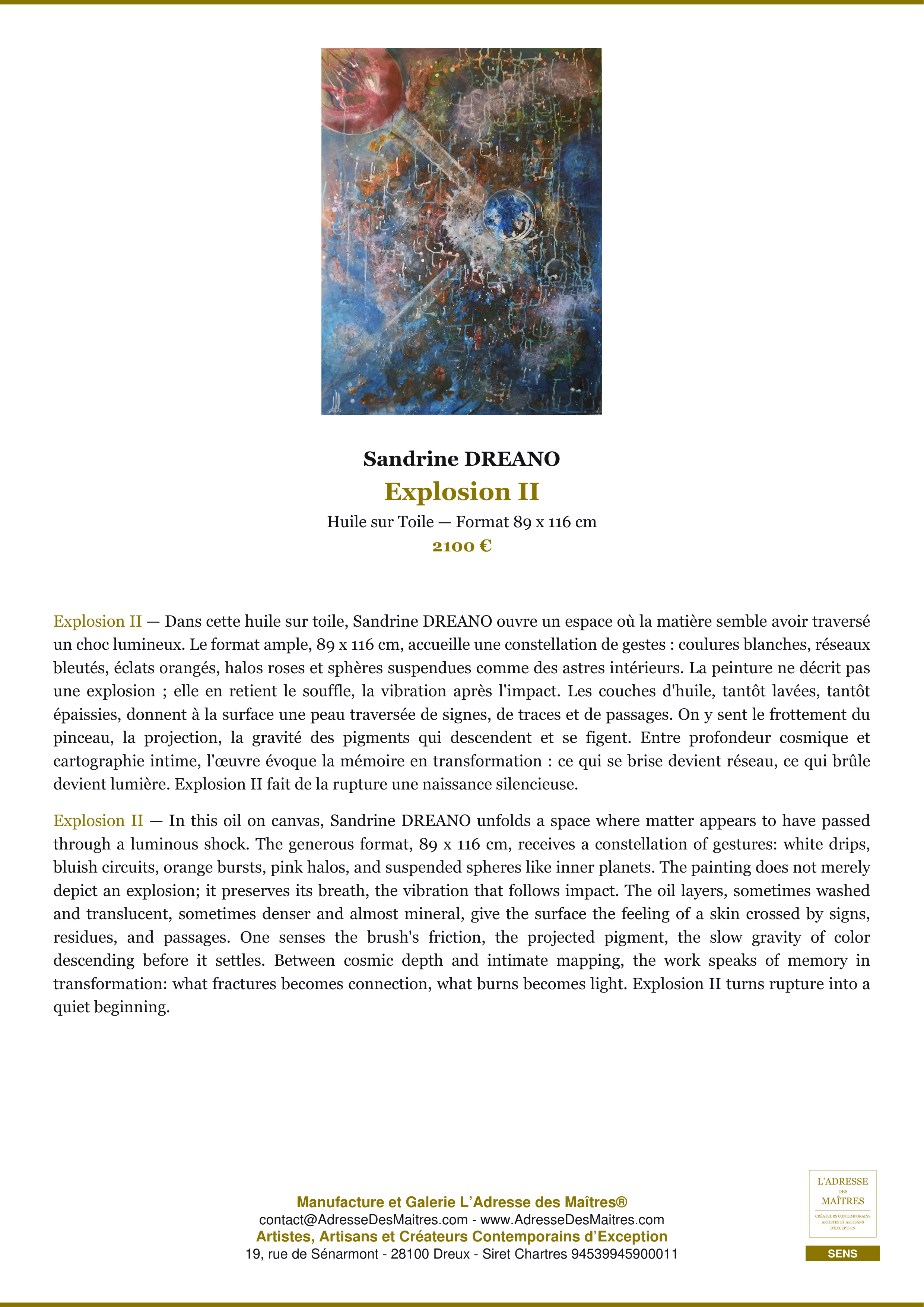 Fiche Premium — Explosion II — Sandrine DREANO — L'Adresse des Maîtres®