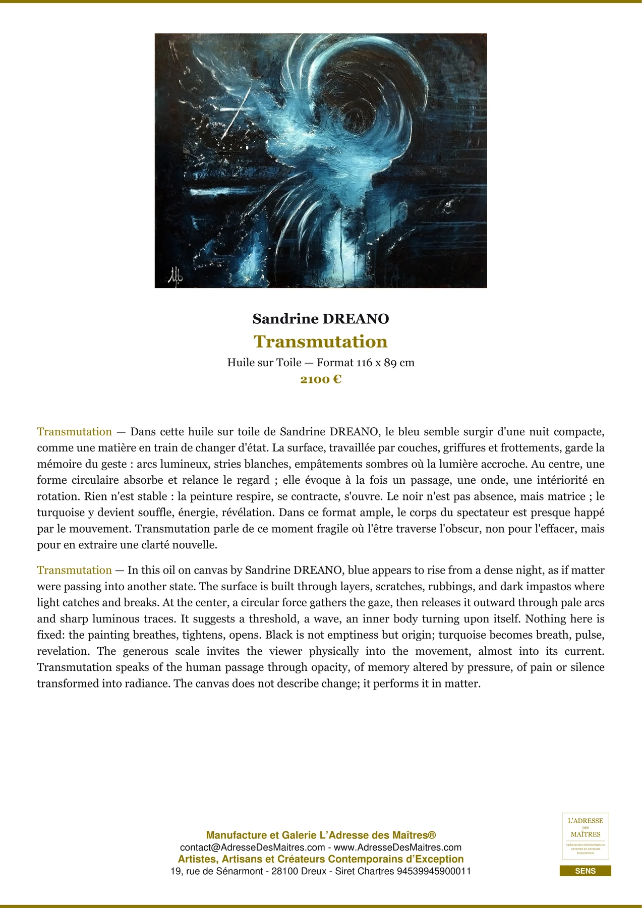Fiche Premium - Transmutation - Sandrine DREANO - L'Adresse des Maîtres®
