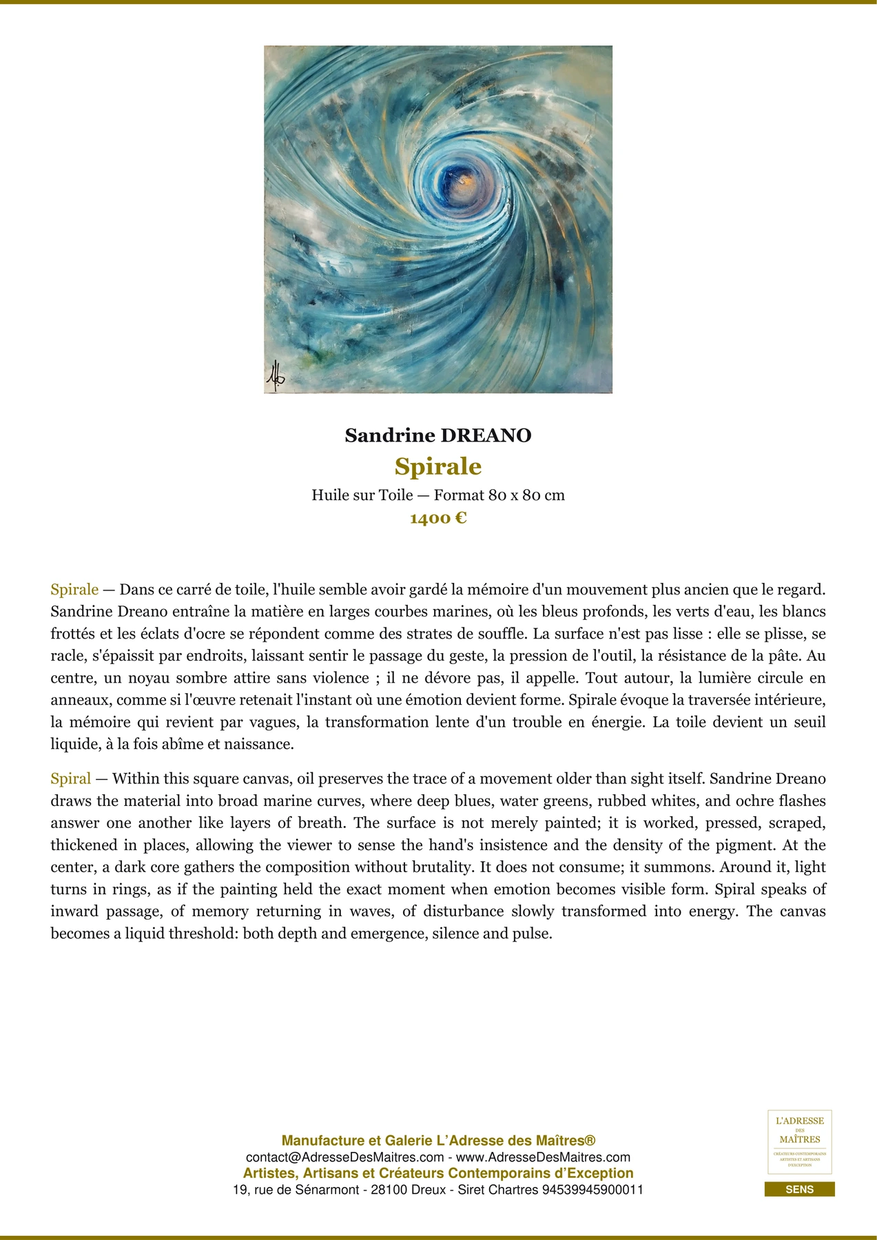 Fiche Premium - Spirale - Sandrine DREANO - L'Adresse des Maîtres®