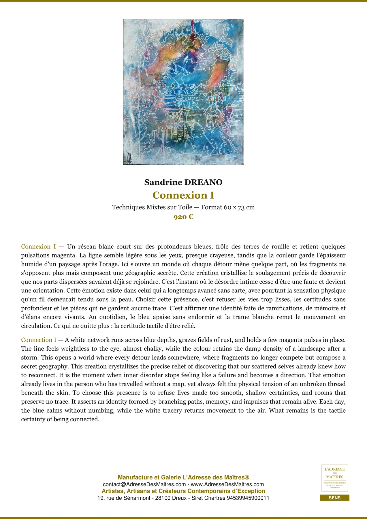 Fiche Premium - Connexion I - Sandrine DREANO - L'Adresse des Maîtres®