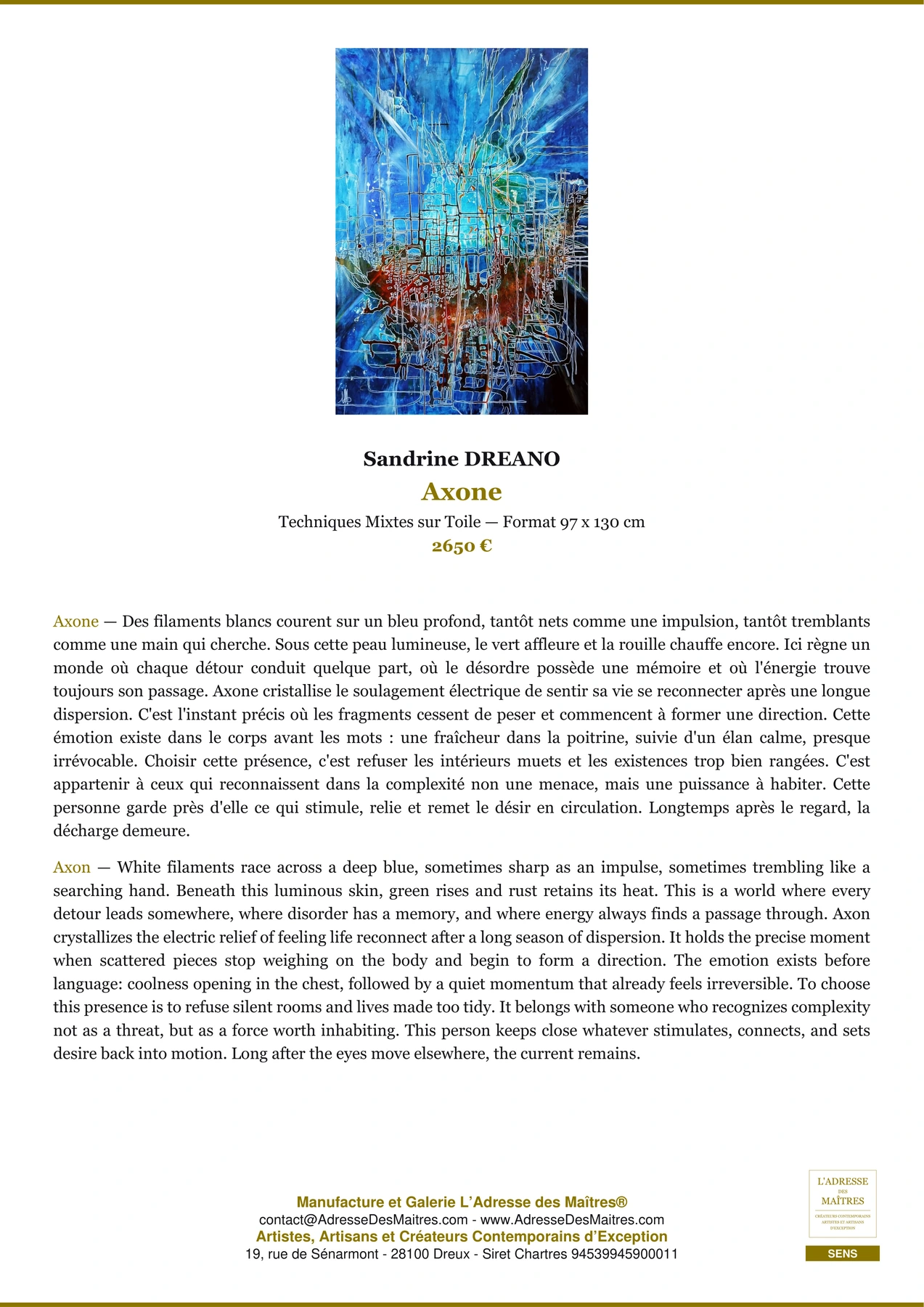 Fiche Premium - Axone - Sandrine DREANO - L'Adresse des Maîtres®